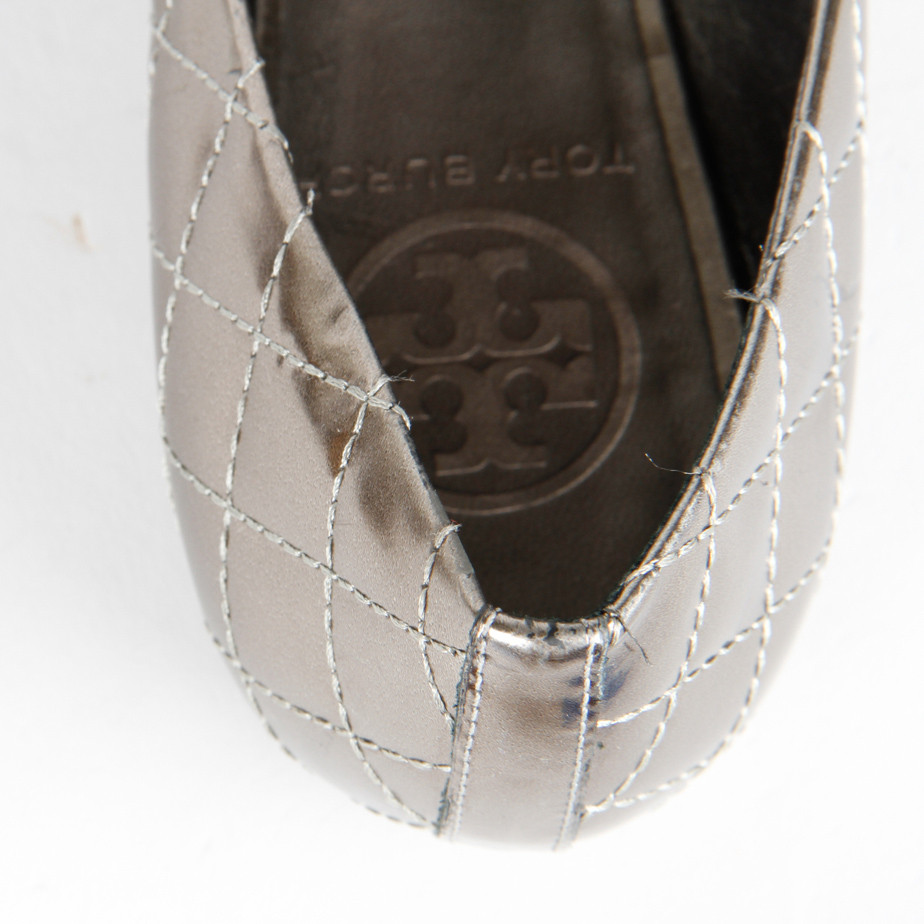Metallic Pewter Leather Tory Burch Ballet Flats
