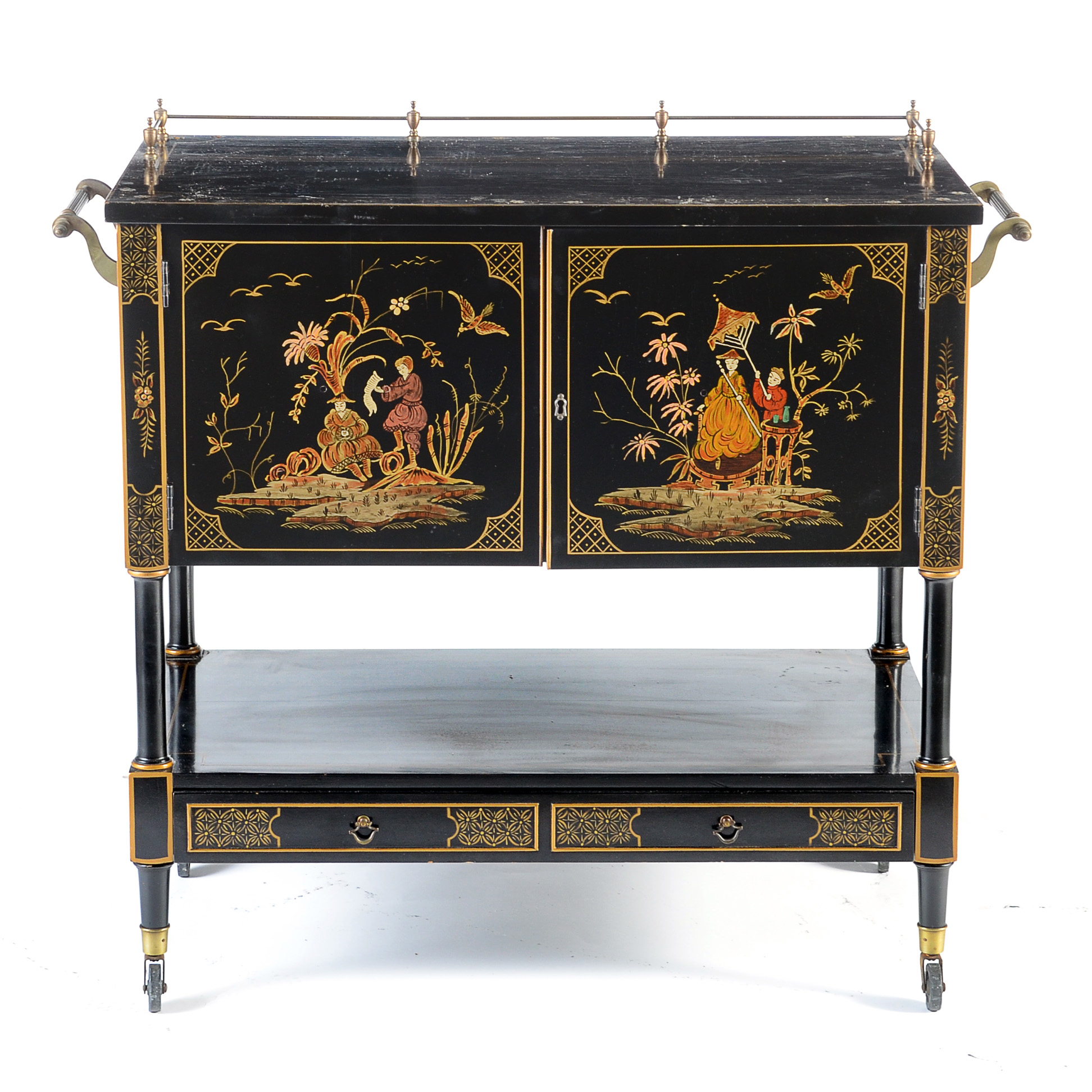 Mid Century Black Lacquer Chinoiserie Bar Cabinet