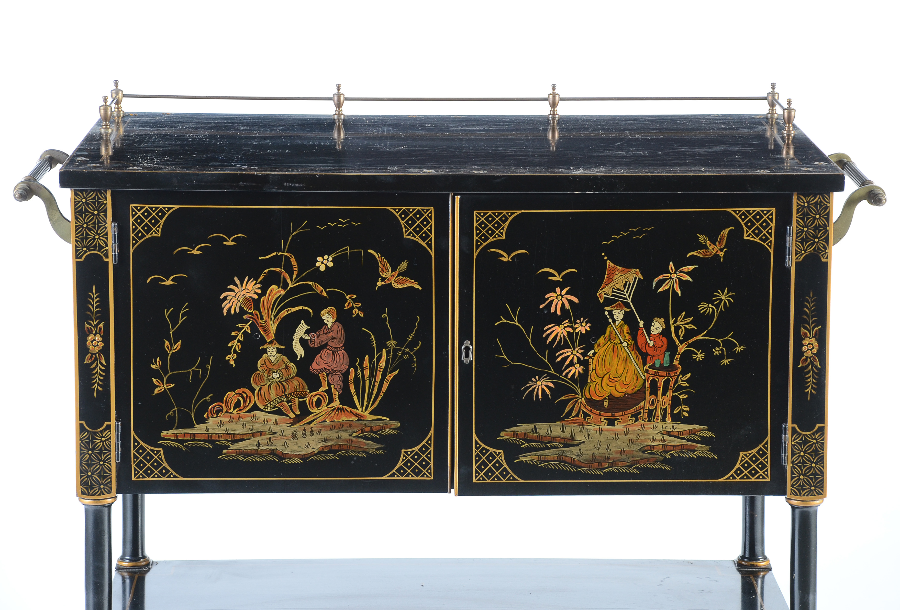 Mid Century Black Lacquer Chinoiserie Bar Cabinet