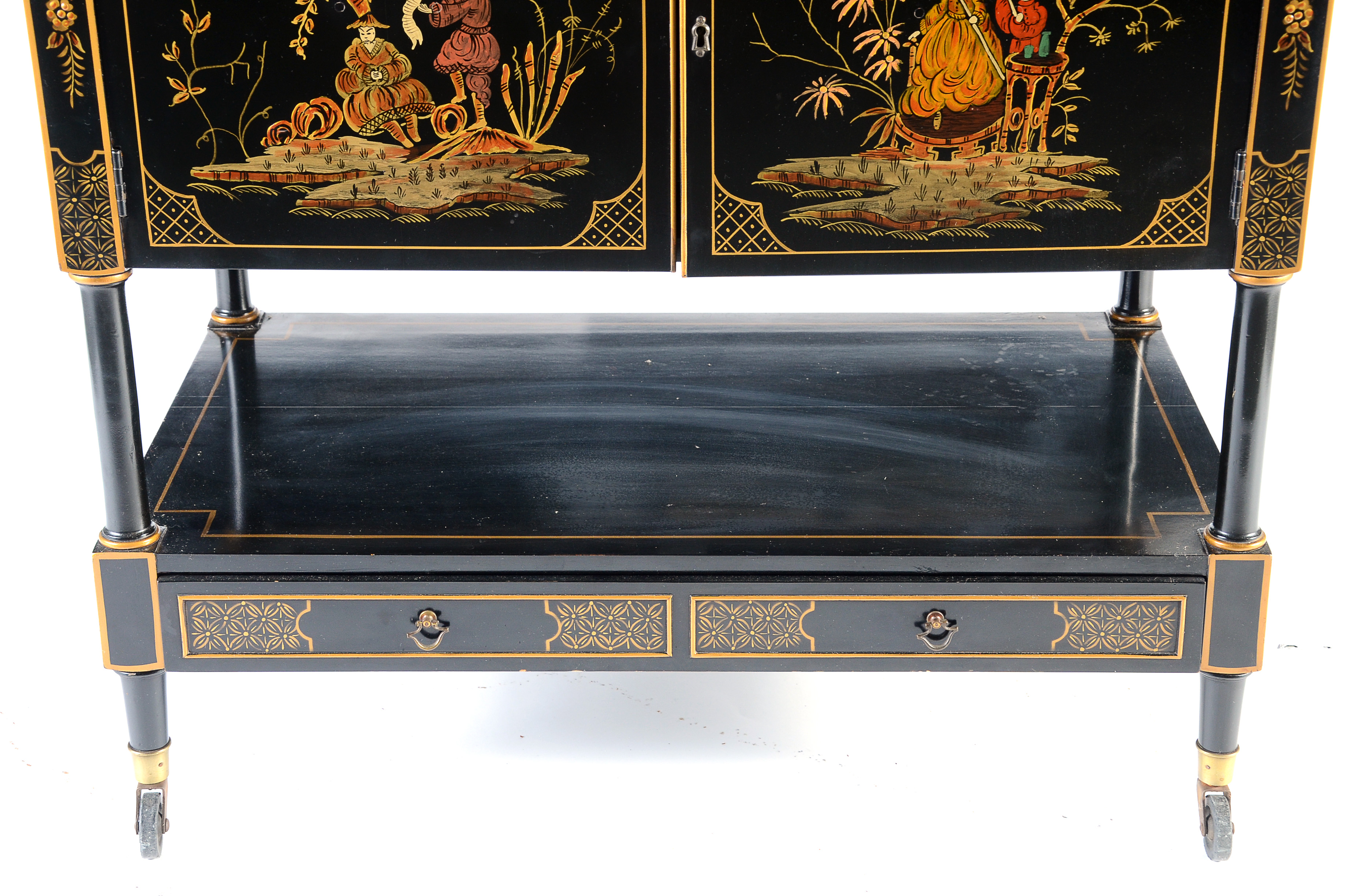 Mid Century Black Lacquer Chinoiserie Bar Cabinet