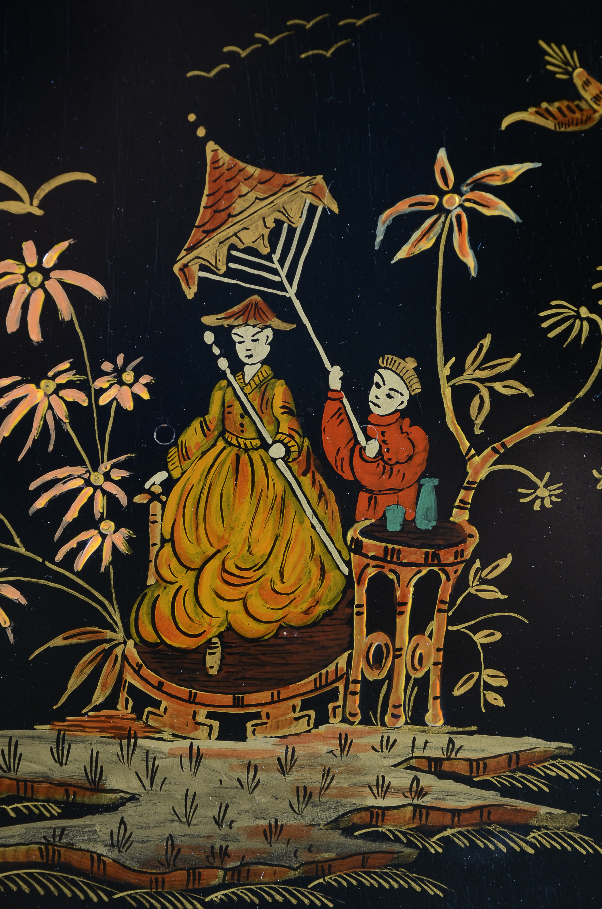 Mid Century Black Lacquer Chinoiserie Bar Cabinet