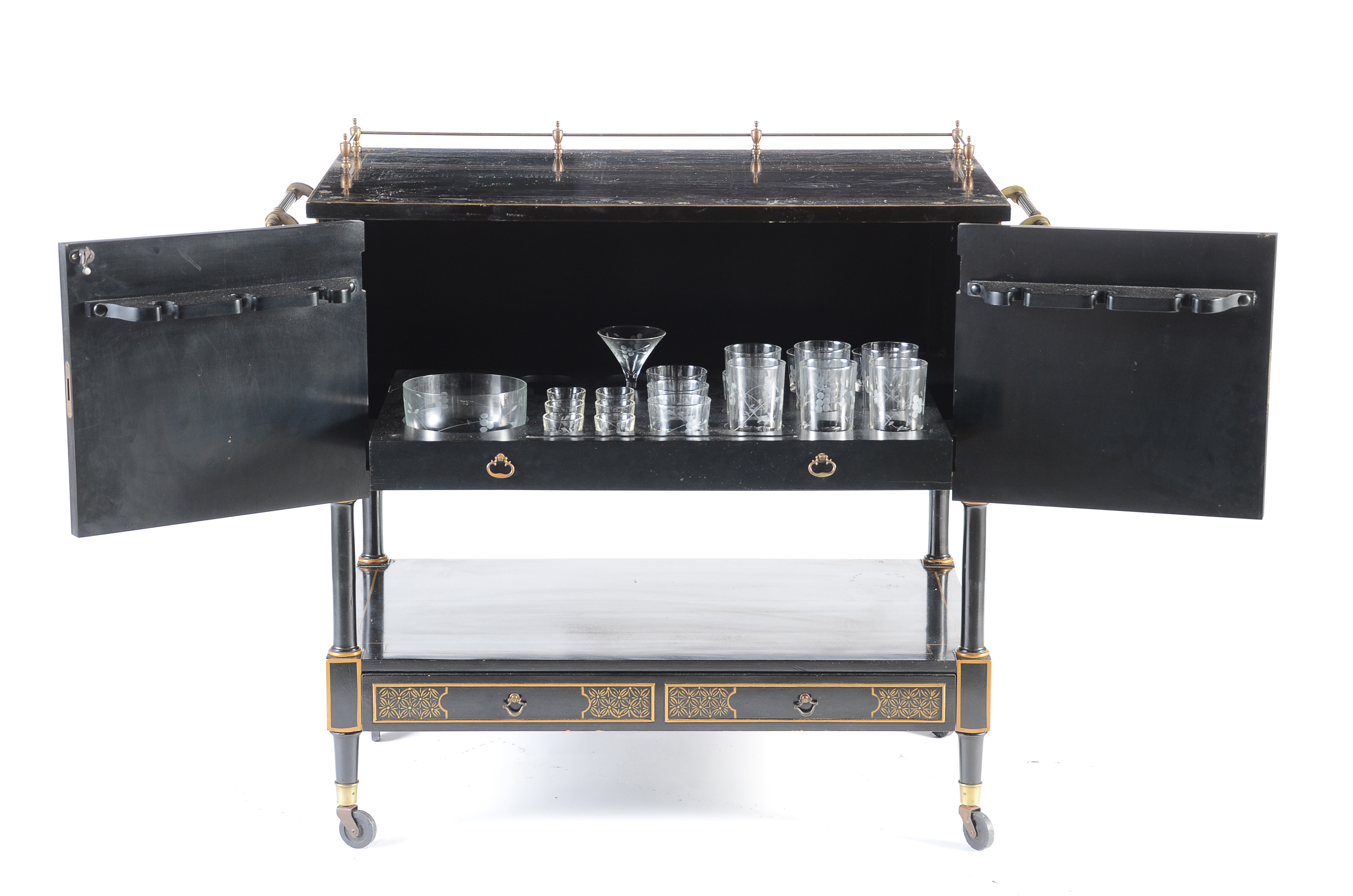 Mid Century Black Lacquer Chinoiserie Bar Cabinet