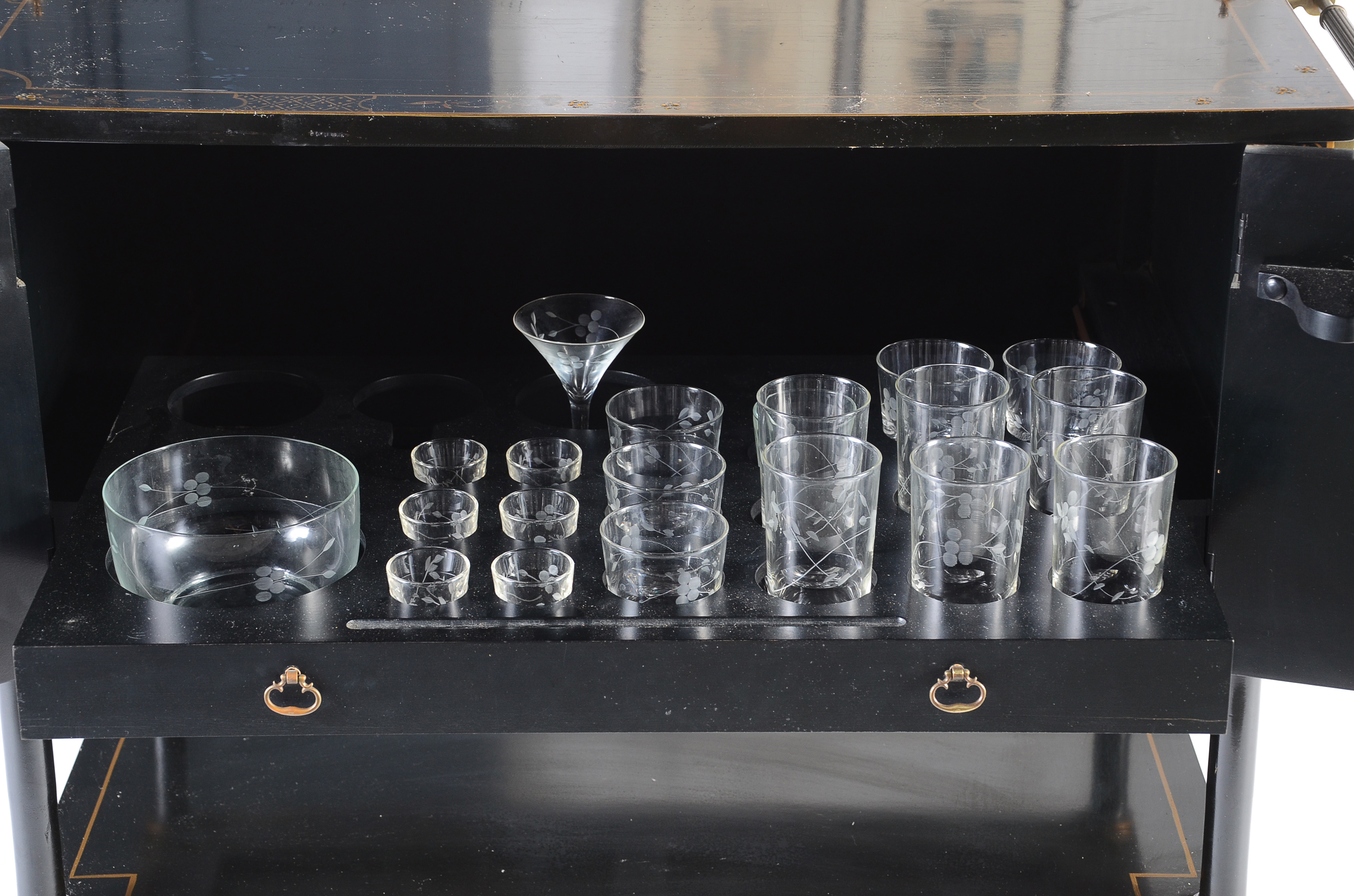 Mid Century Black Lacquer Chinoiserie Bar Cabinet