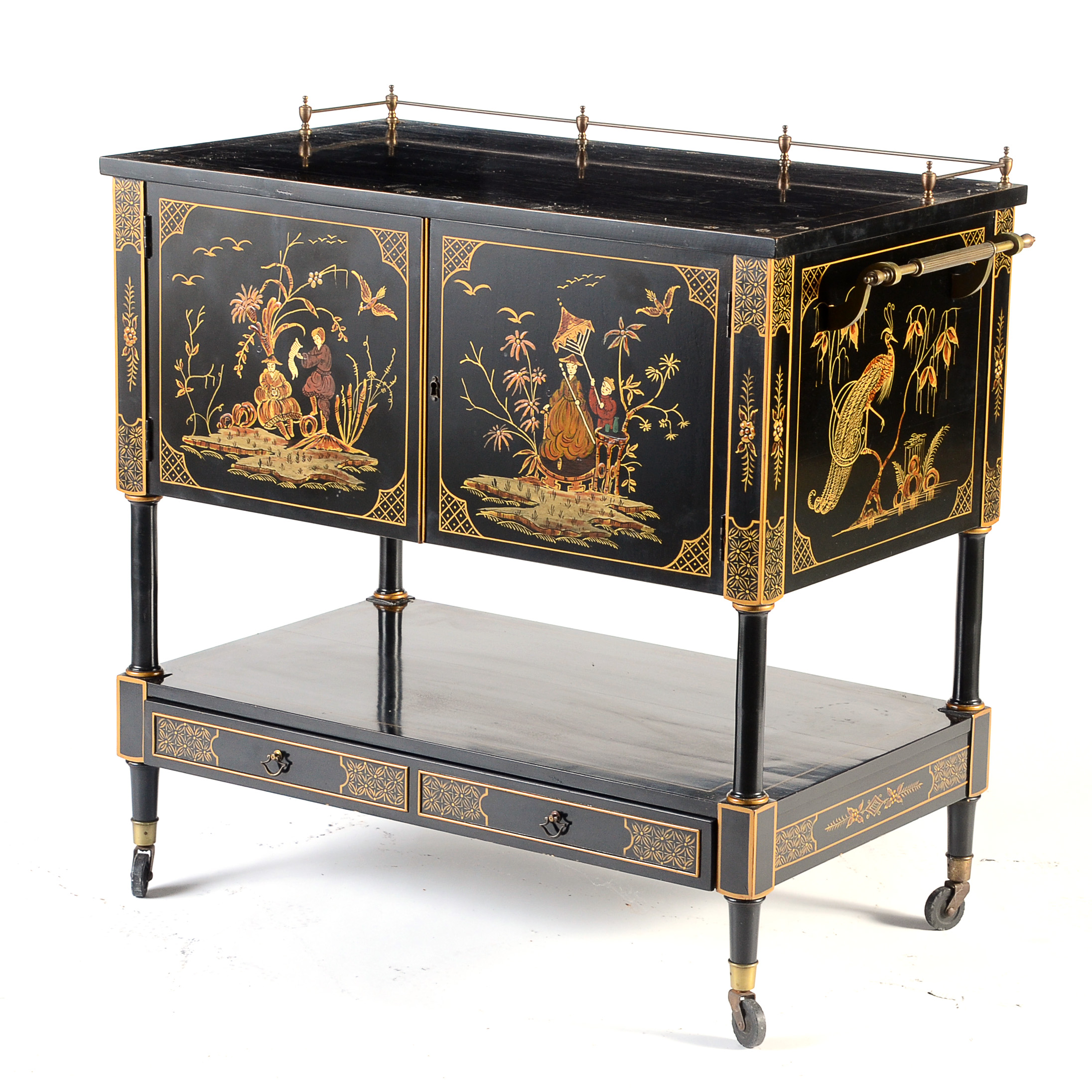 Mid Century Black Lacquer Chinoiserie Bar Cabinet