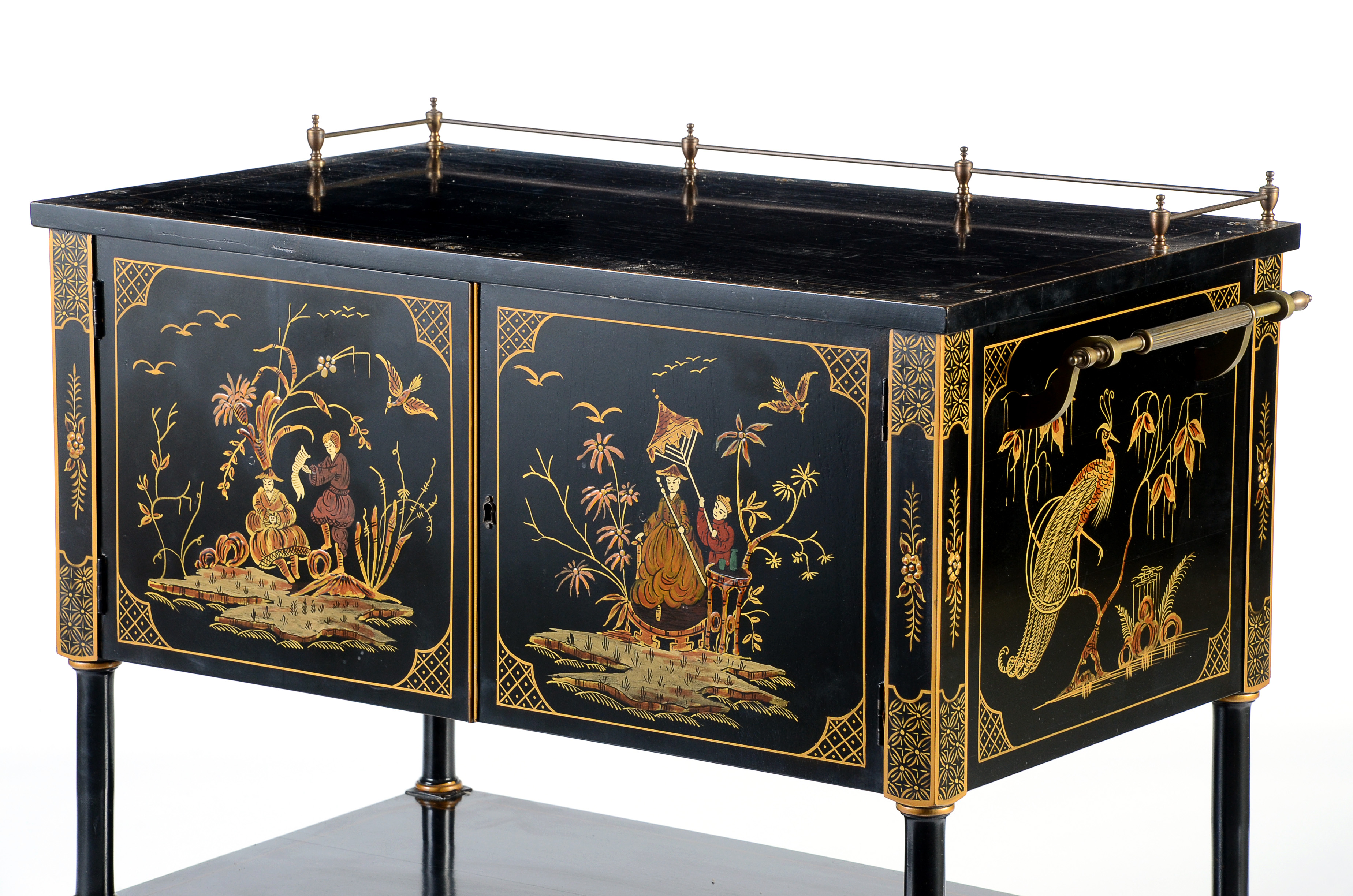 Mid Century Black Lacquer Chinoiserie Bar Cabinet