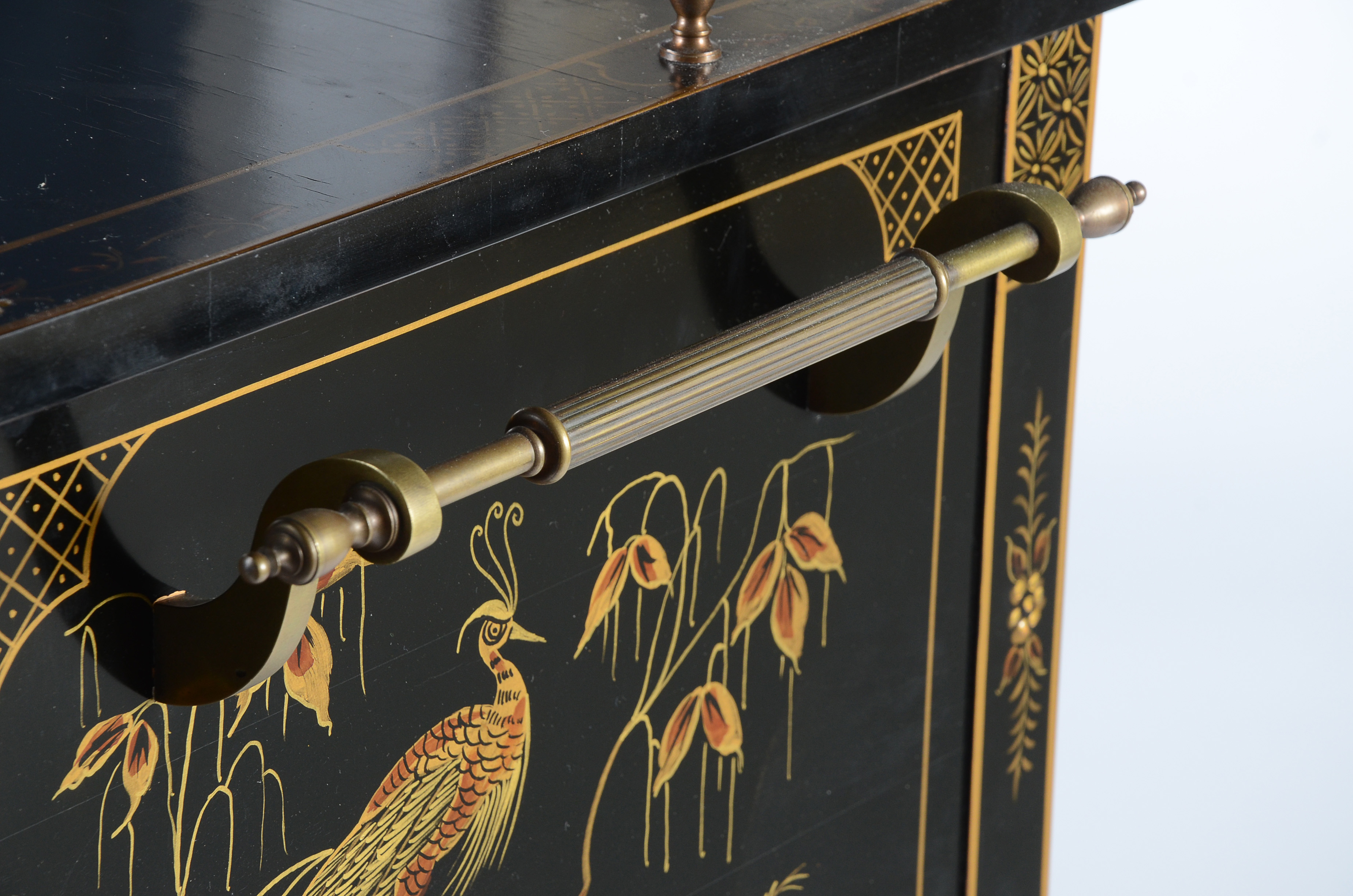 Mid Century Black Lacquer Chinoiserie Bar Cabinet