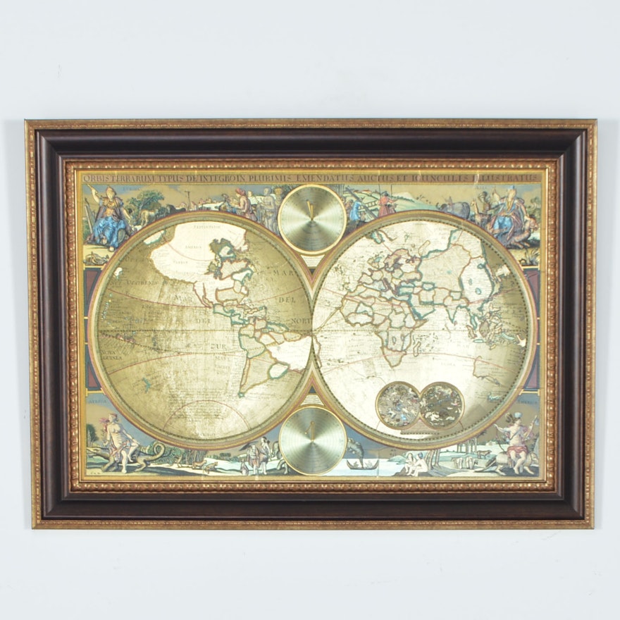 Framed Reproduction Blaeu Gold Foil Double World Map