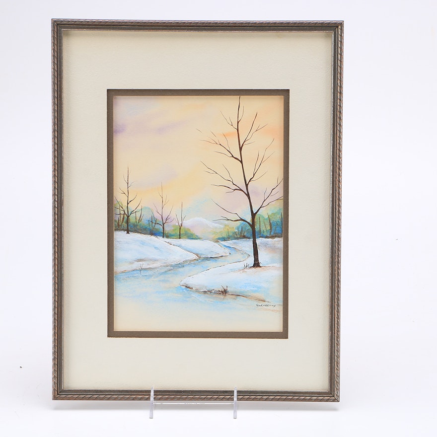 Quevreaux Original Watercolor on Paper of a Winter Landscape