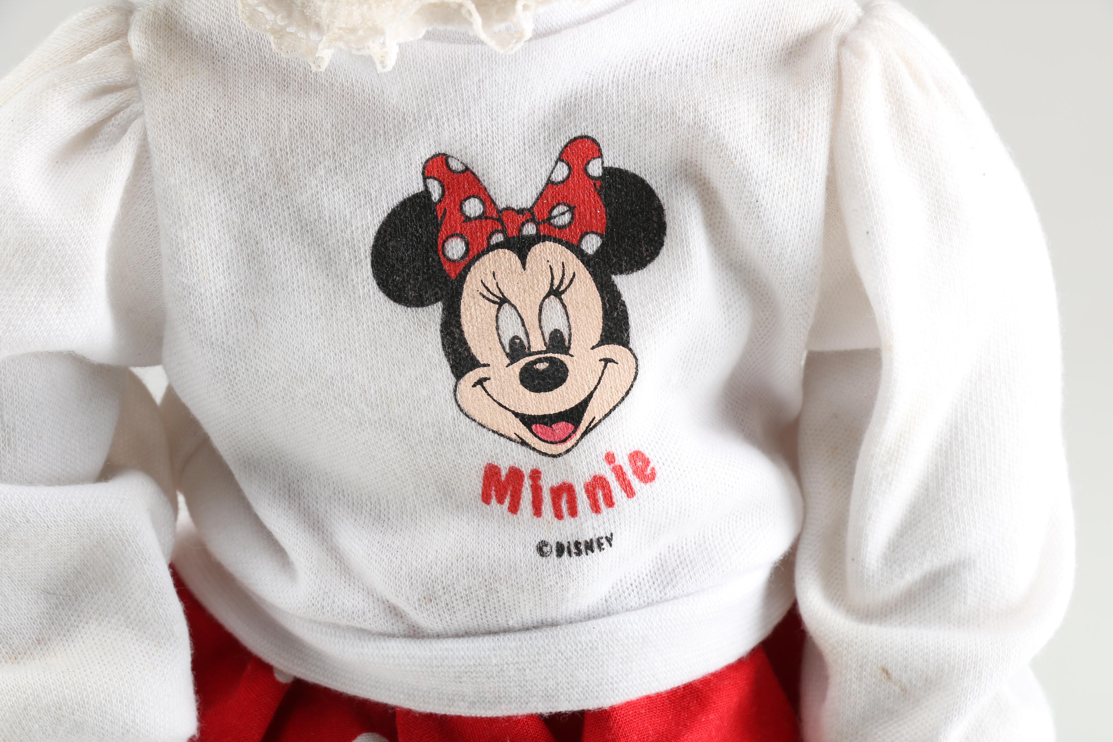 Brown Haired Porcelain Doll with Minnie Mouse Clothing