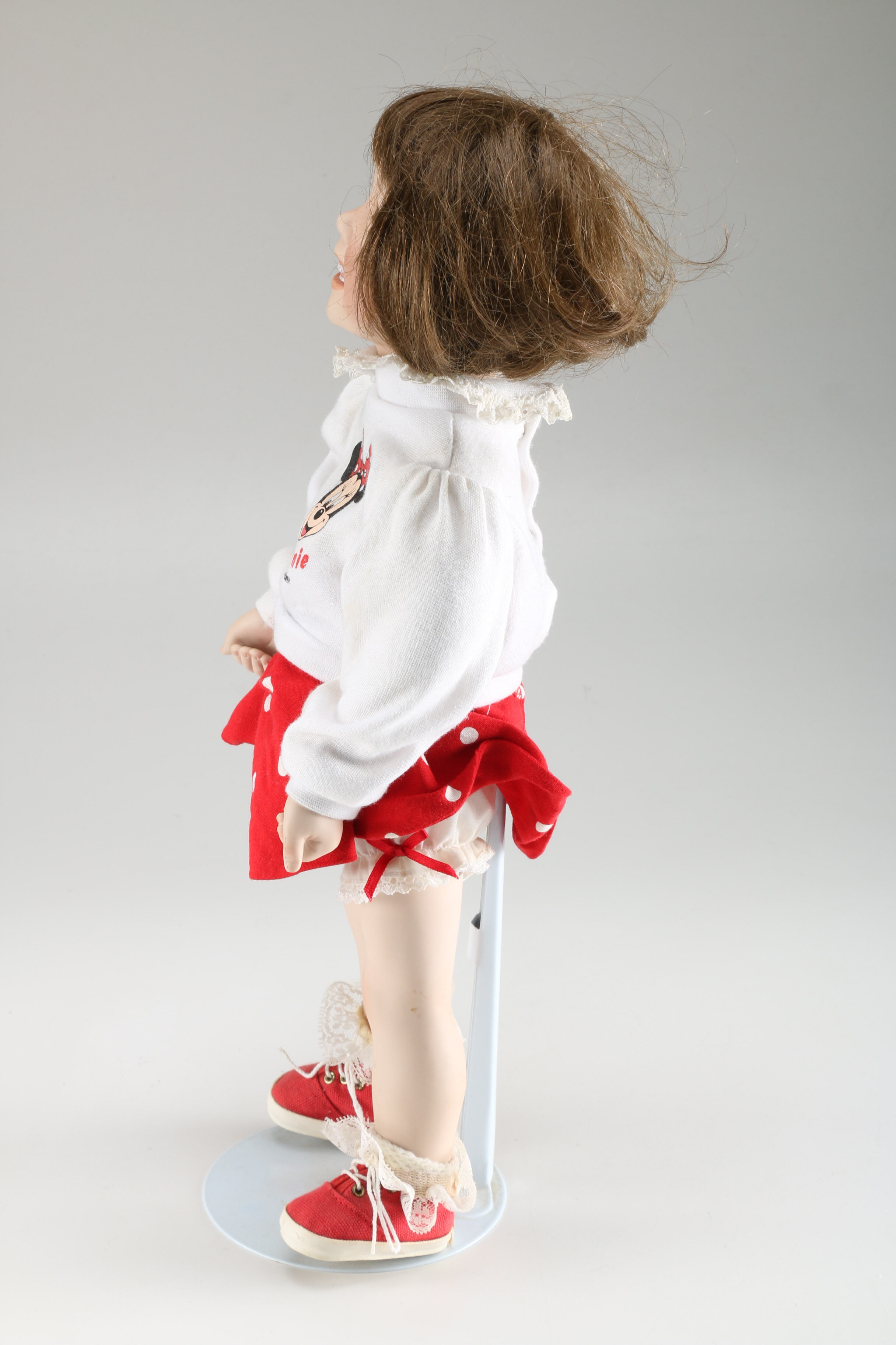 Brown Haired Porcelain Doll with Minnie Mouse Clothing