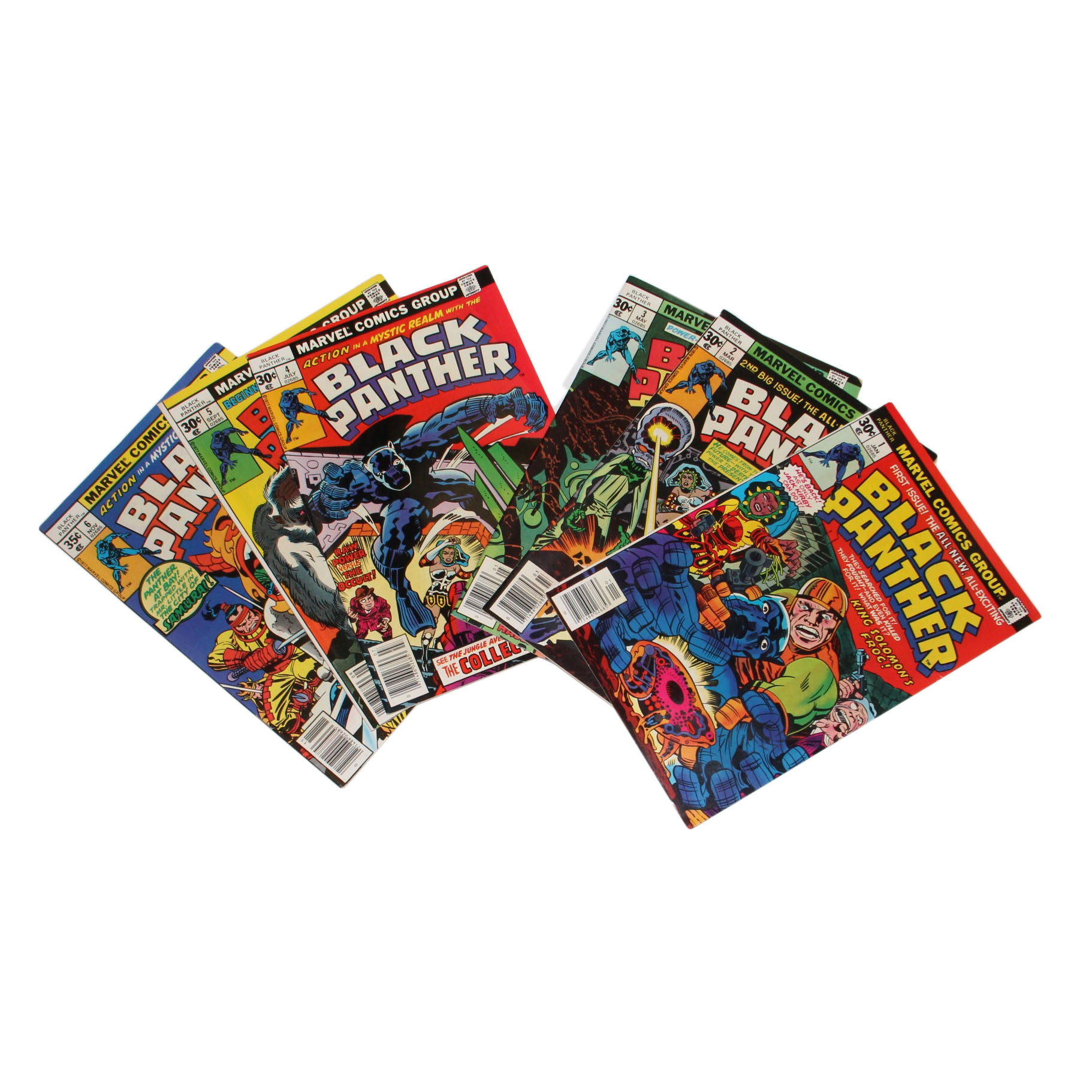 Marvel Comics Group First Six Issues of  "Black Panther" Comic Books with Artist Jack Kirby First Appearance of King Soloman's Frog