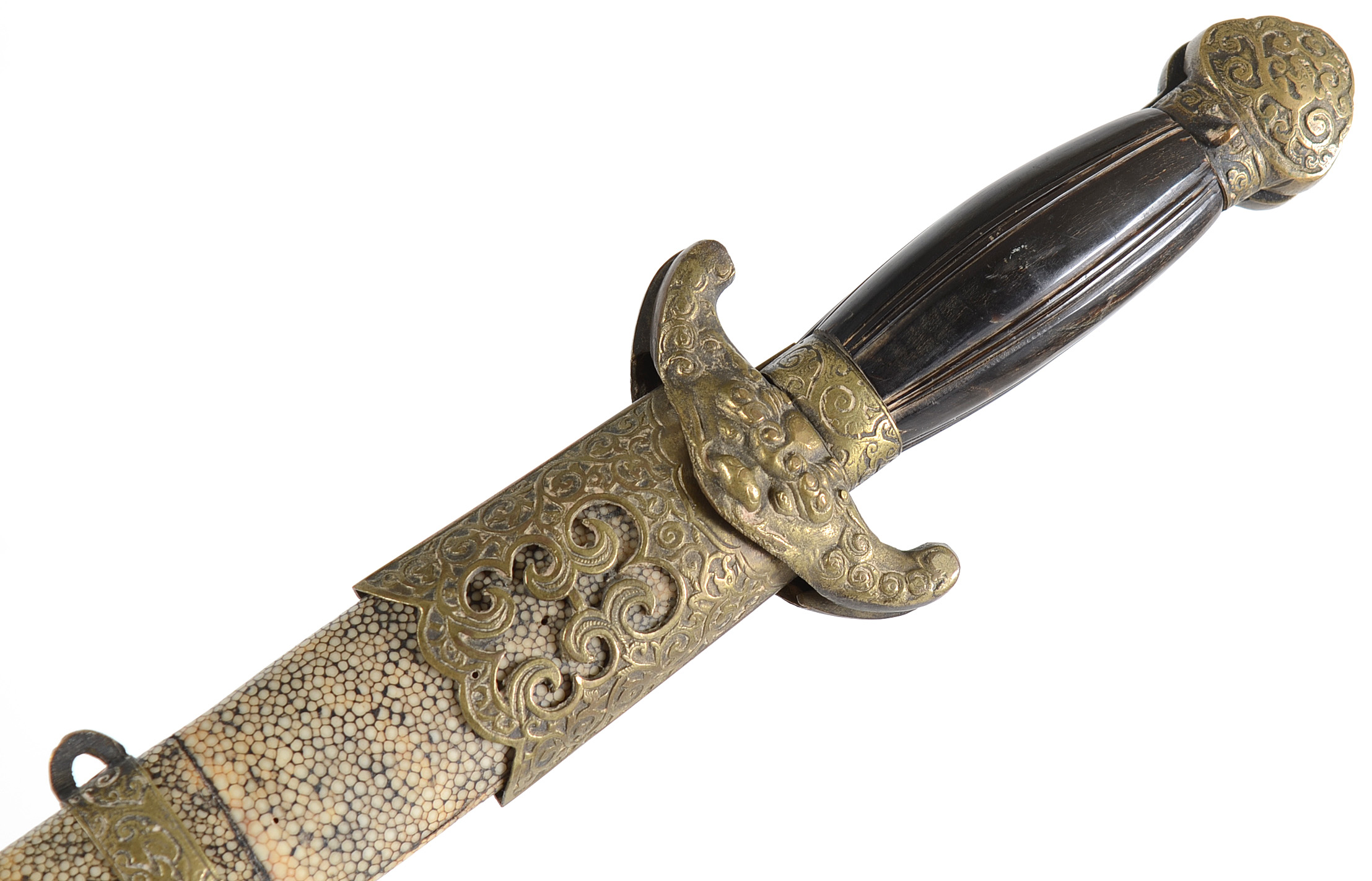 Antique Chinese Shuang Jian Double Sword Set in Shagreen Scabbard