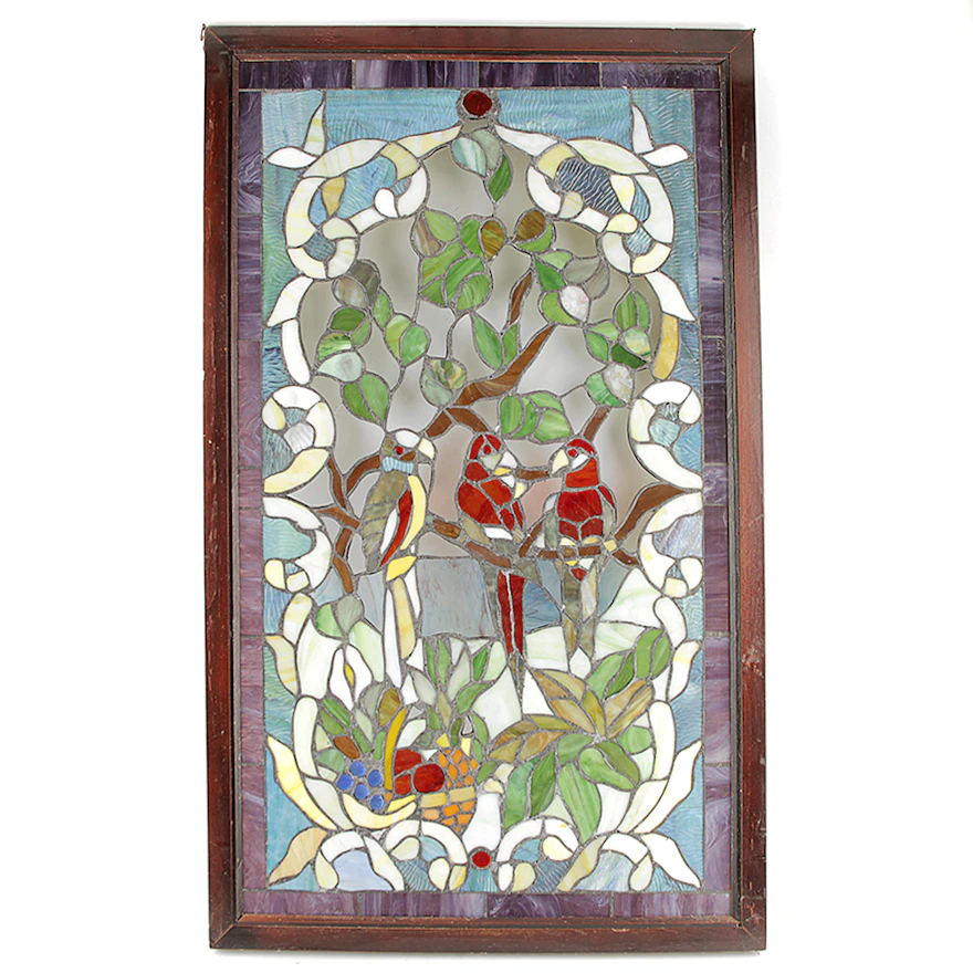 Bird Themed Stained Glass Window in Wooden Frame | EBTH