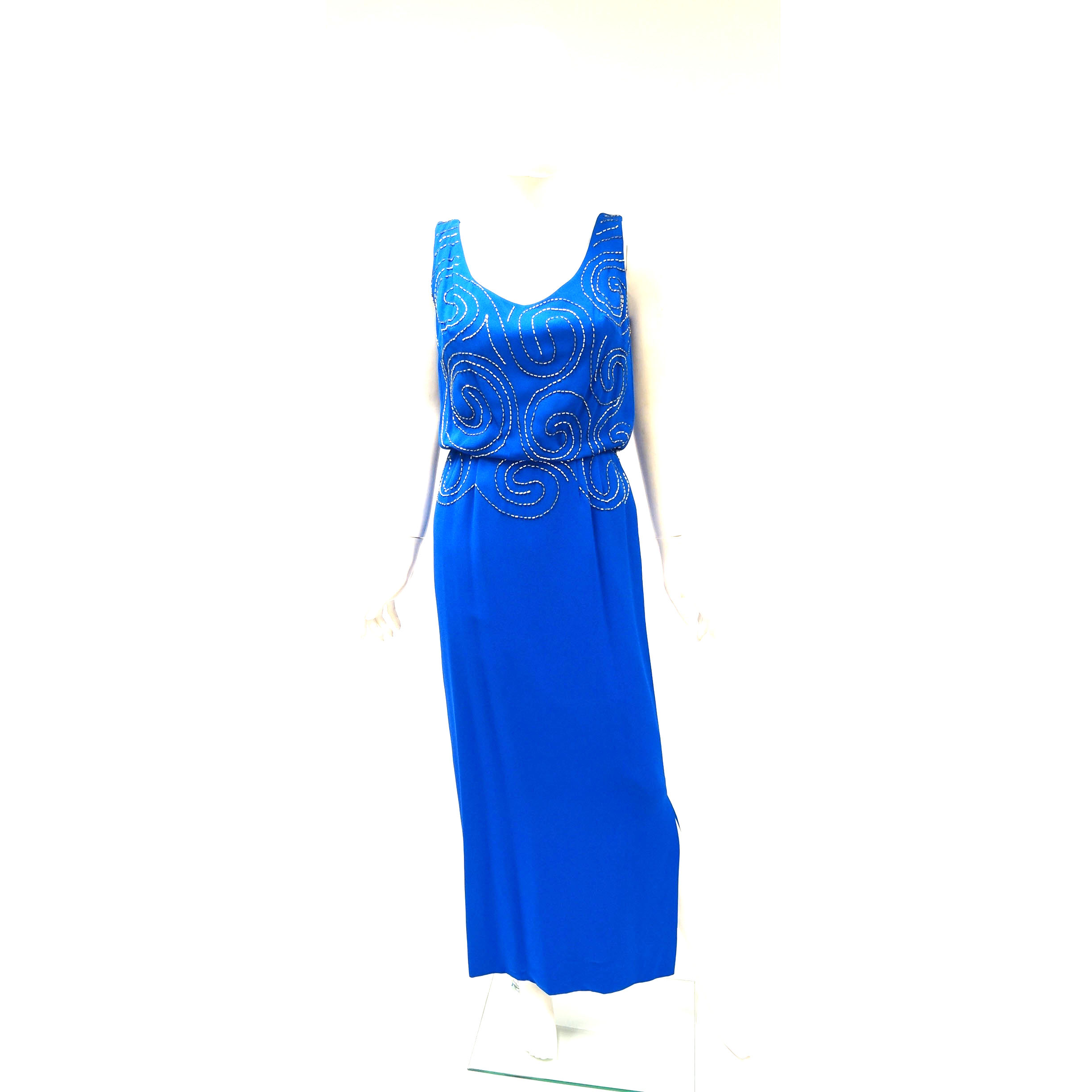 Vintage Sleeveless Gown with Silver Beaded Design