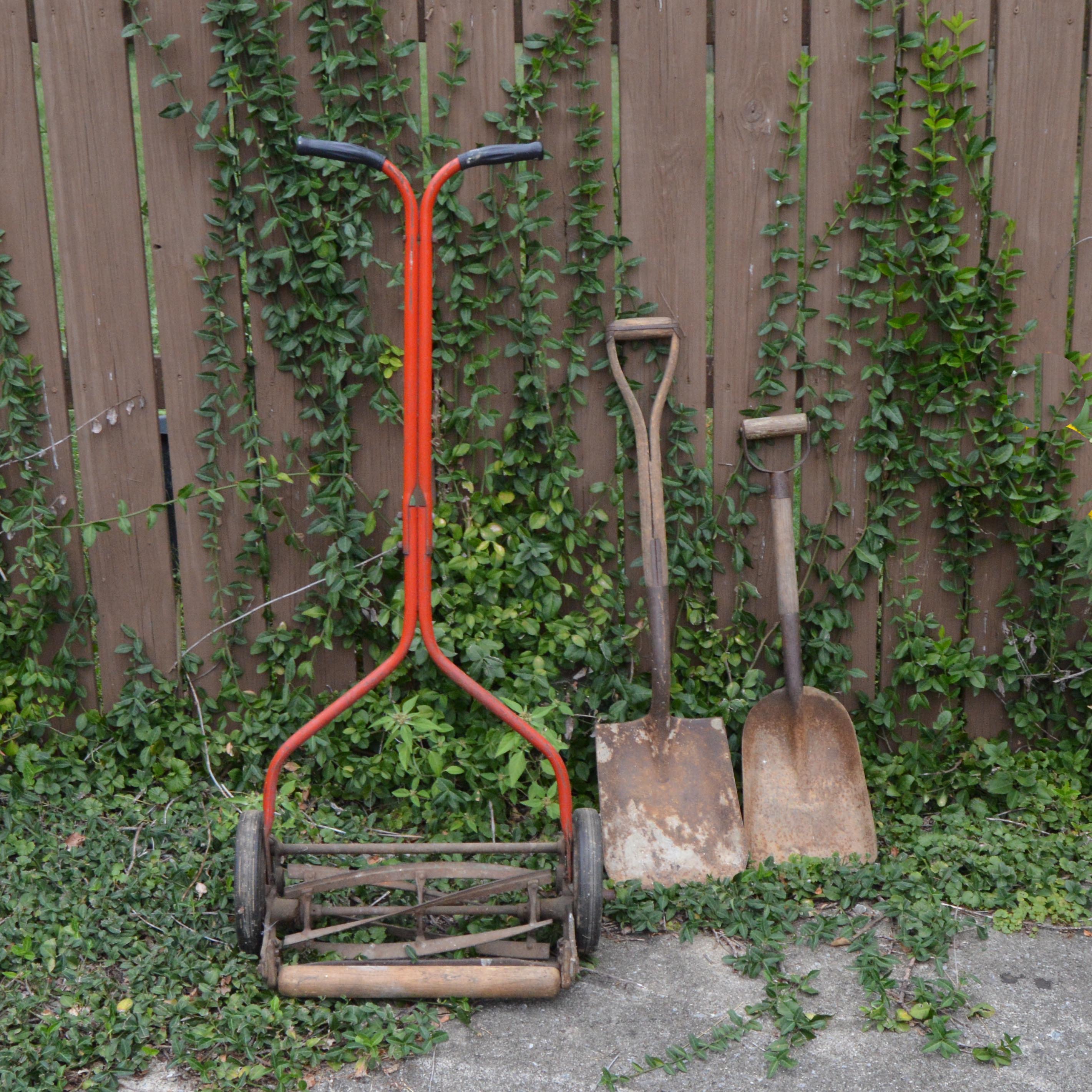 Vintage Push Reel Manual Mower with Shovels