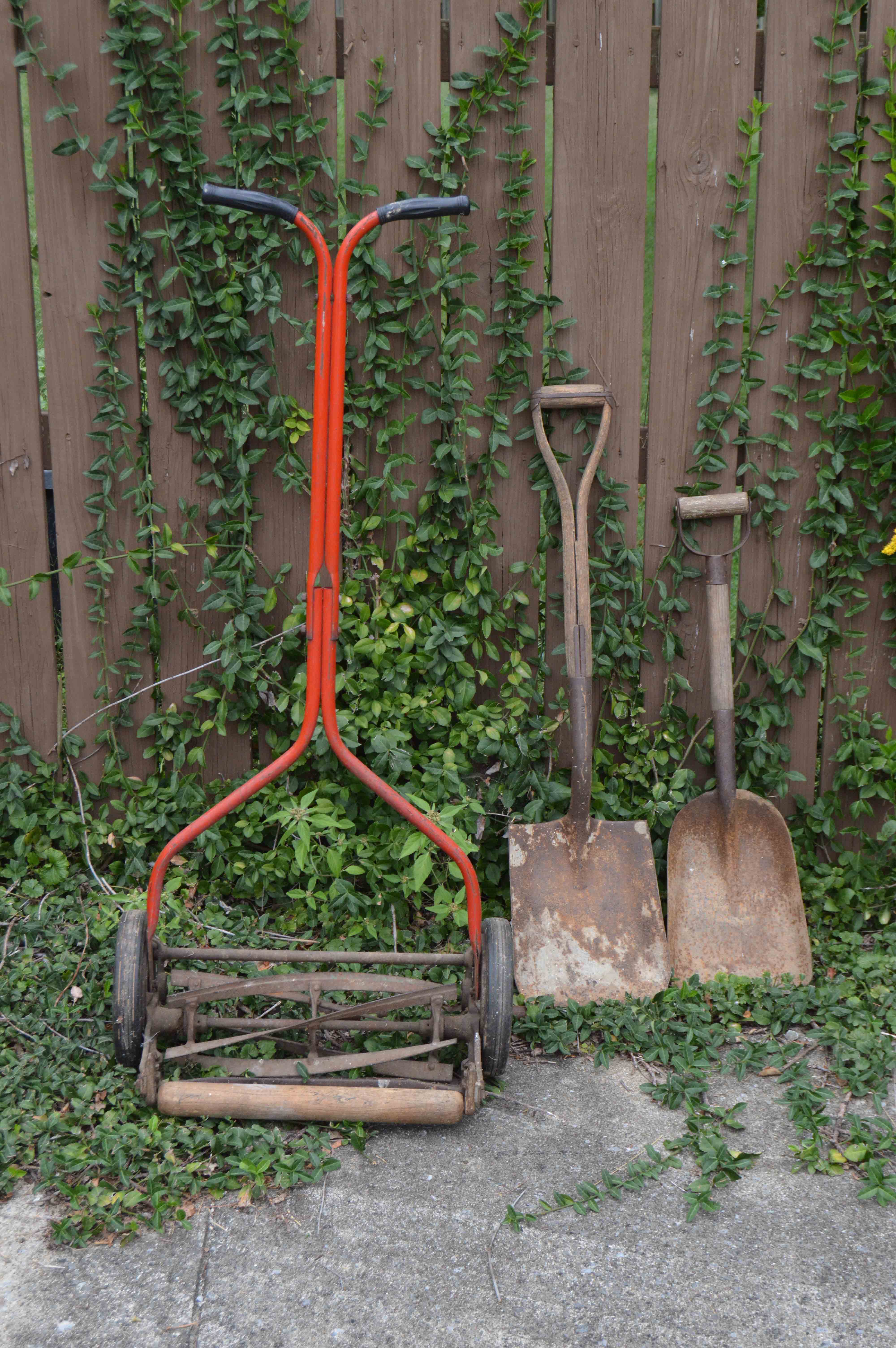 Vintage Push Reel Manual Mower with Shovels