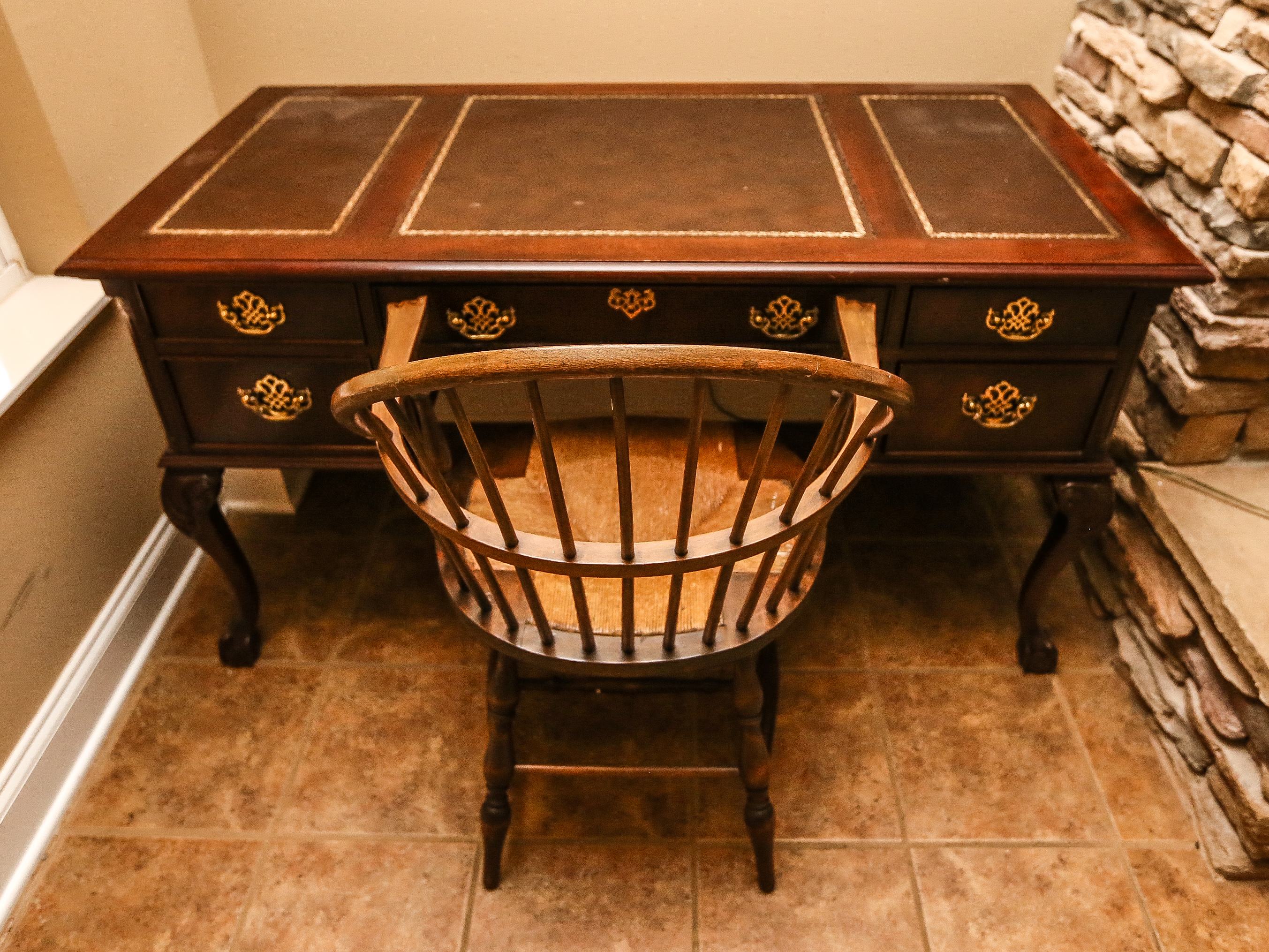 Leather Top Desk with Karpen Mission Windsor Chair