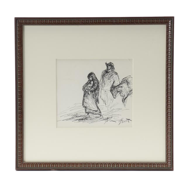 John Groth Signed Ink Drawing "Western Family"