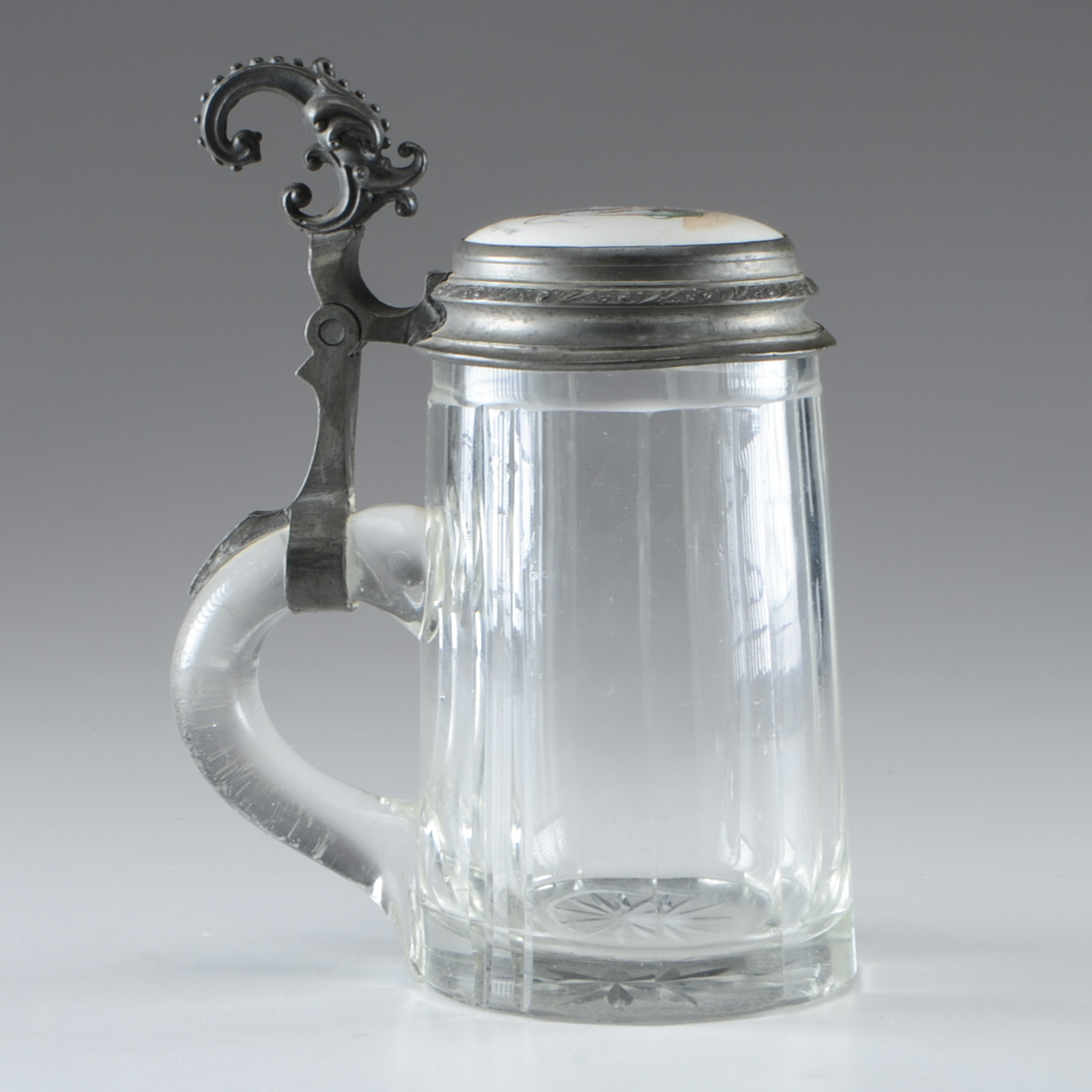 Antique German Glass Stein with Pewter Lid and Porcelain Insert