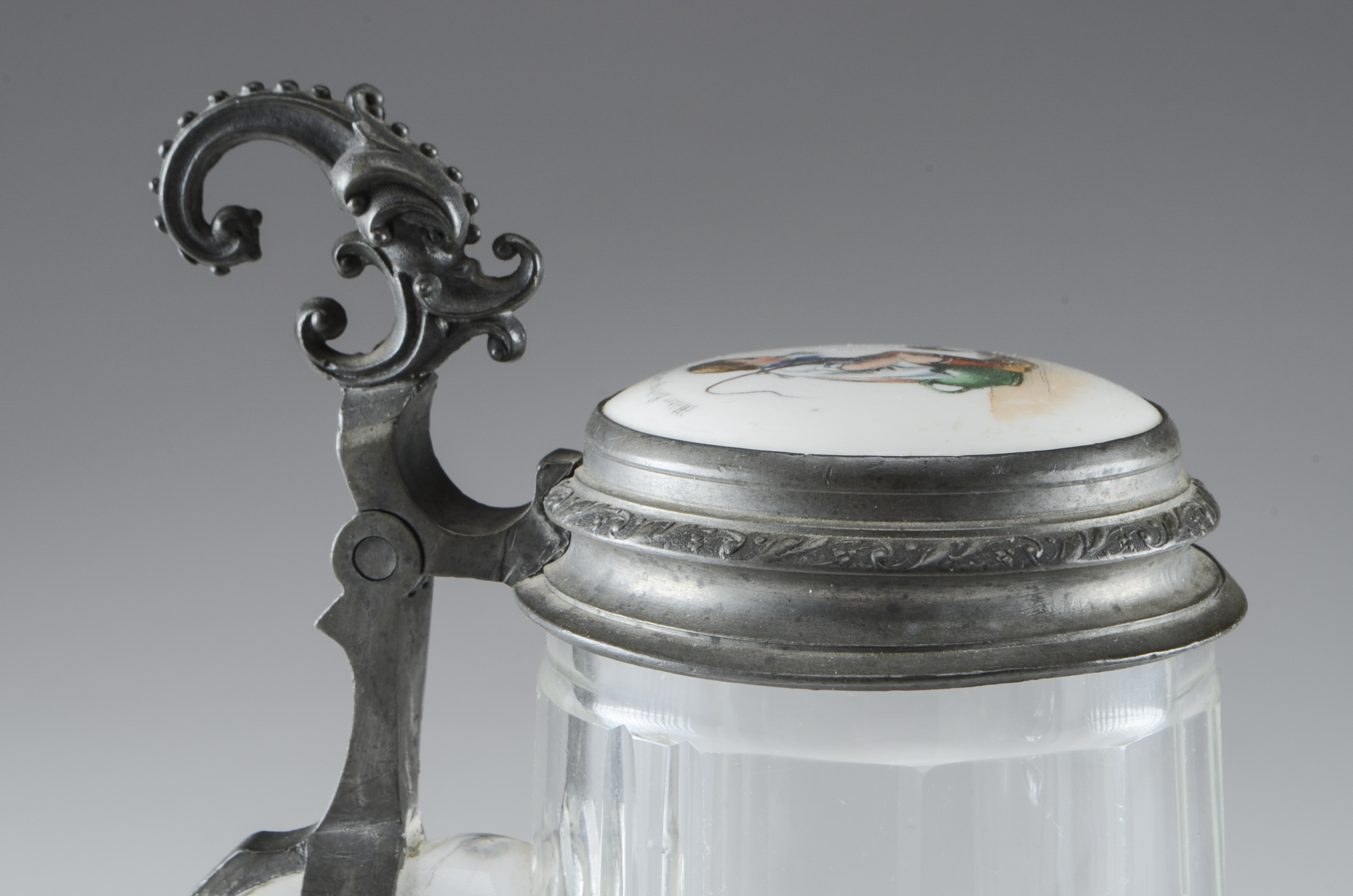 Antique German Glass Stein with Pewter Lid and Porcelain Insert