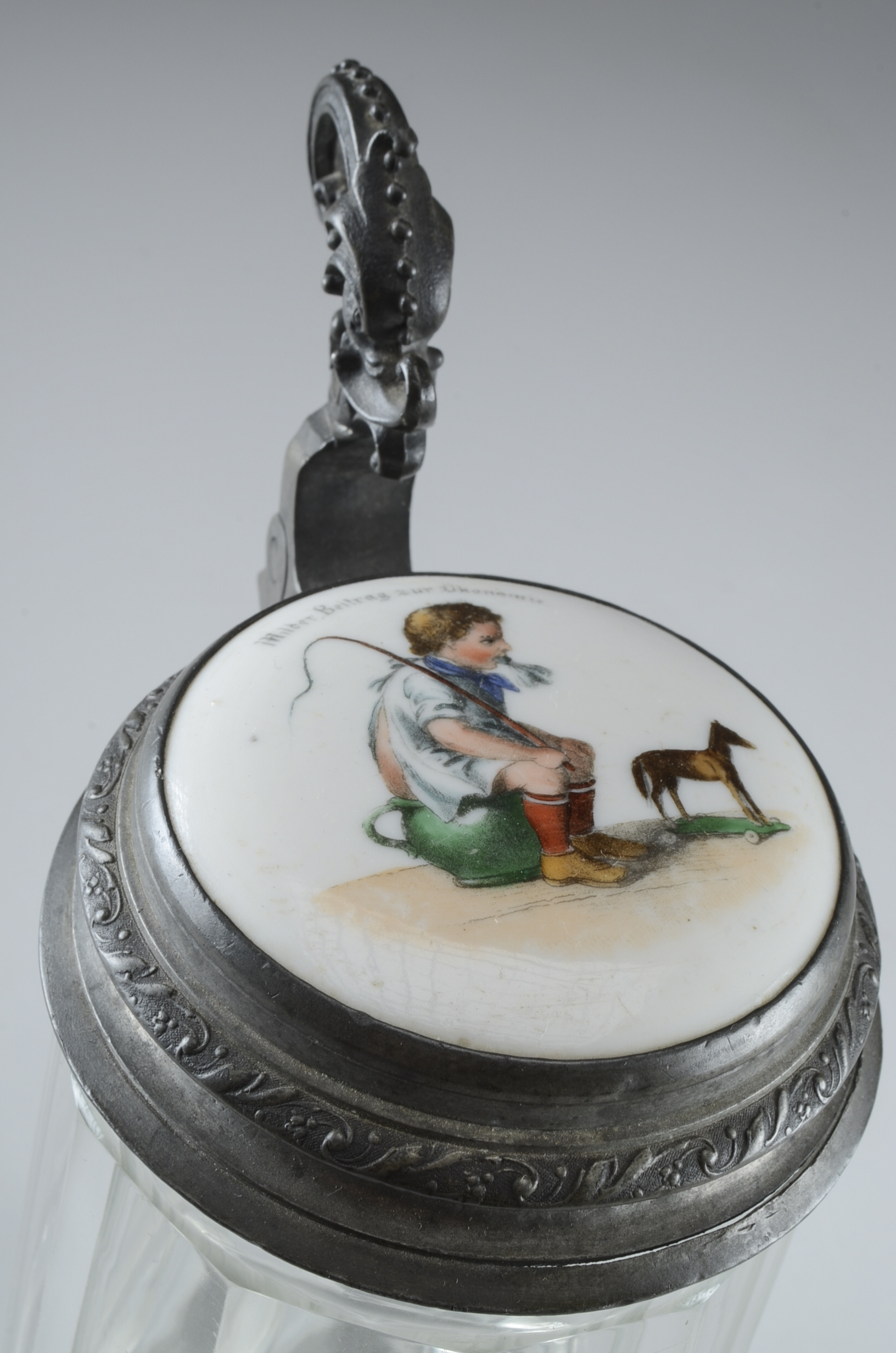 Antique German Glass Stein with Pewter Lid and Porcelain Insert