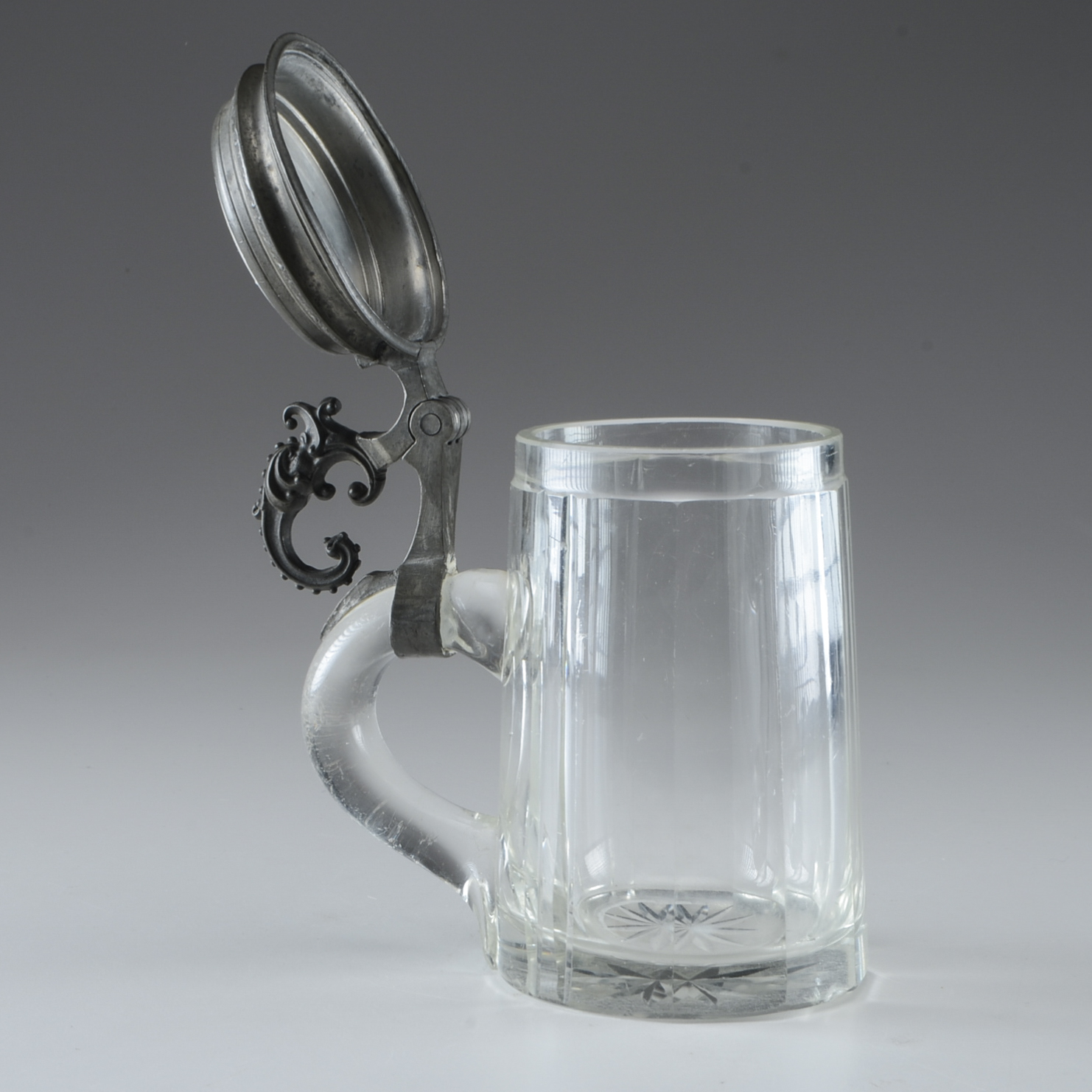 Antique German Glass Stein with Pewter Lid and Porcelain Insert