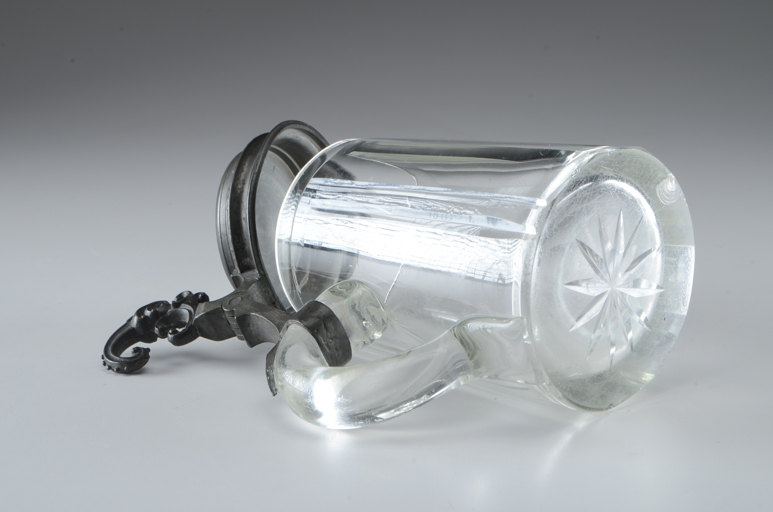 Antique German Glass Stein with Pewter Lid and Porcelain Insert