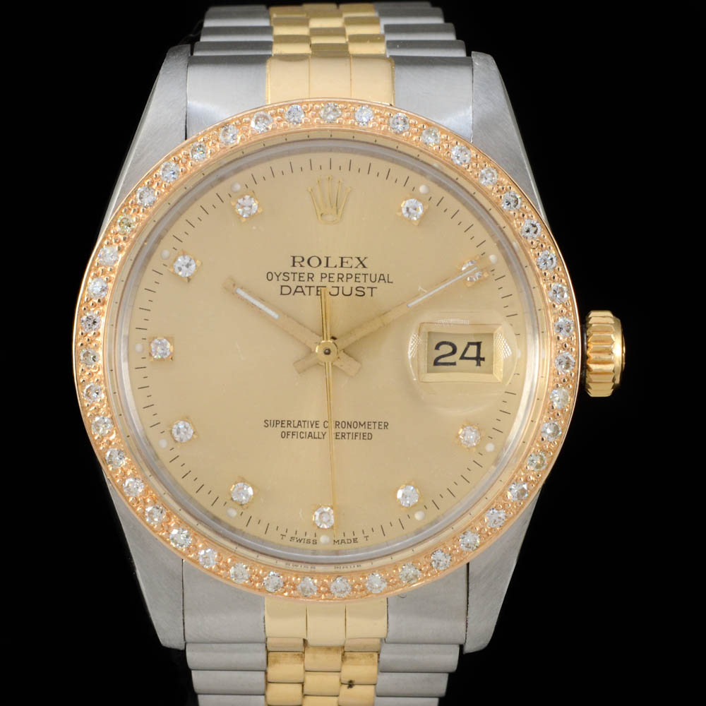 Men's Rolex Perpetual Datejust 18K Yellow Gold and Stainless Steel Diamond Dial Bezel Automatic Watch