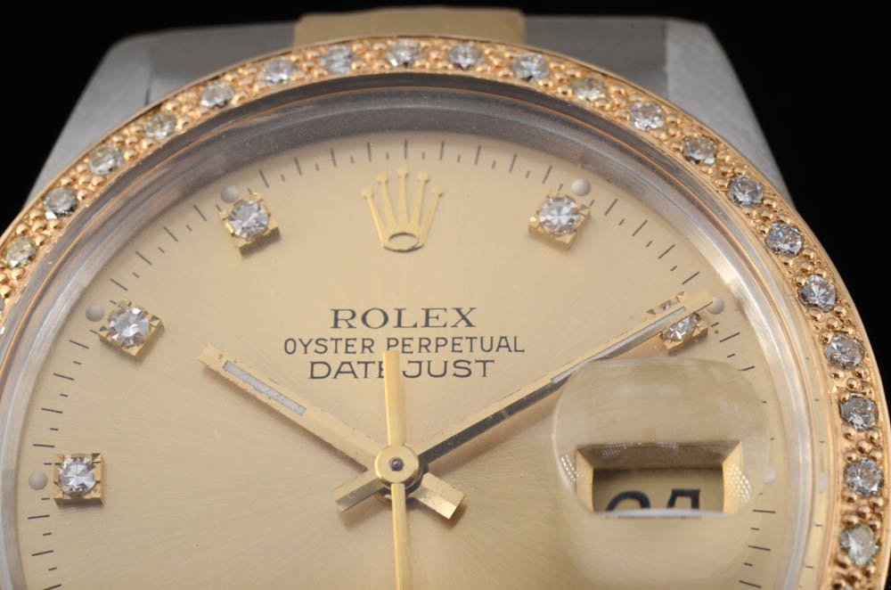 Men's Rolex Perpetual Datejust 18K Yellow Gold and Stainless Steel Diamond Dial Bezel Automatic Watch