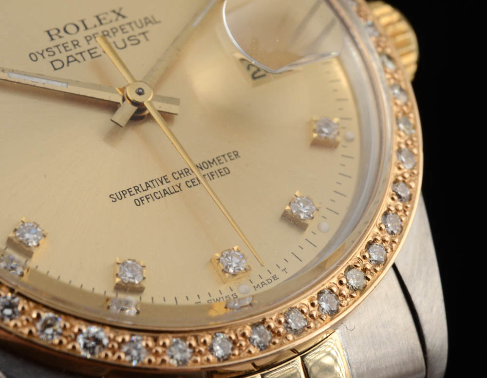 Men's Rolex Perpetual Datejust 18K Yellow Gold and Stainless Steel Diamond Dial Bezel Automatic Watch