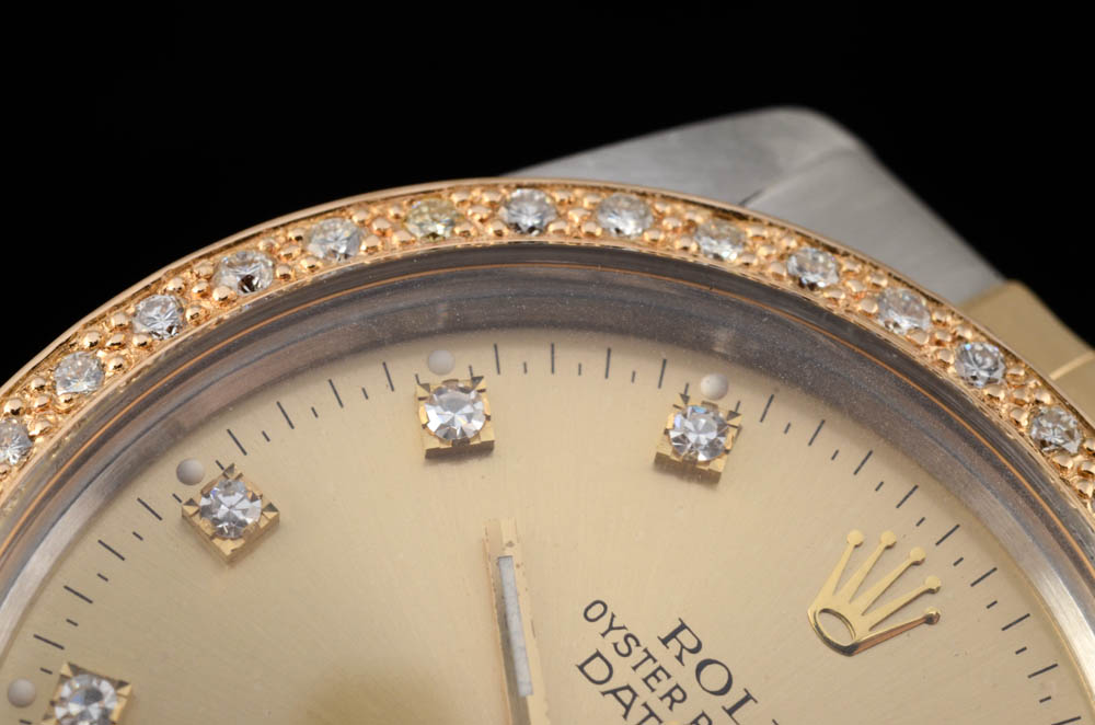 Men's Rolex Perpetual Datejust 18K Yellow Gold and Stainless Steel Diamond Dial Bezel Automatic Watch