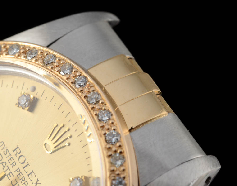 Men's Rolex Perpetual Datejust 18K Yellow Gold and Stainless Steel Diamond Dial Bezel Automatic Watch