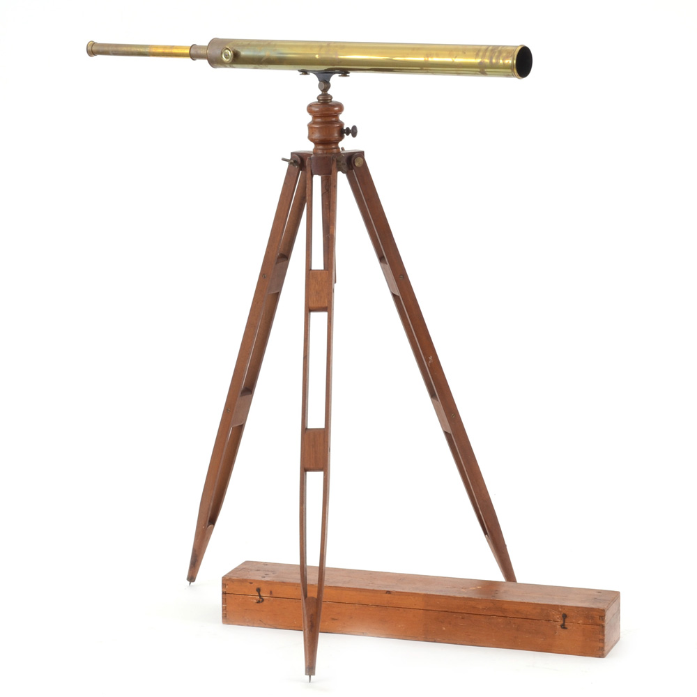 Antique French Bardou & Sons Brass Telescope with Wooden Tripod