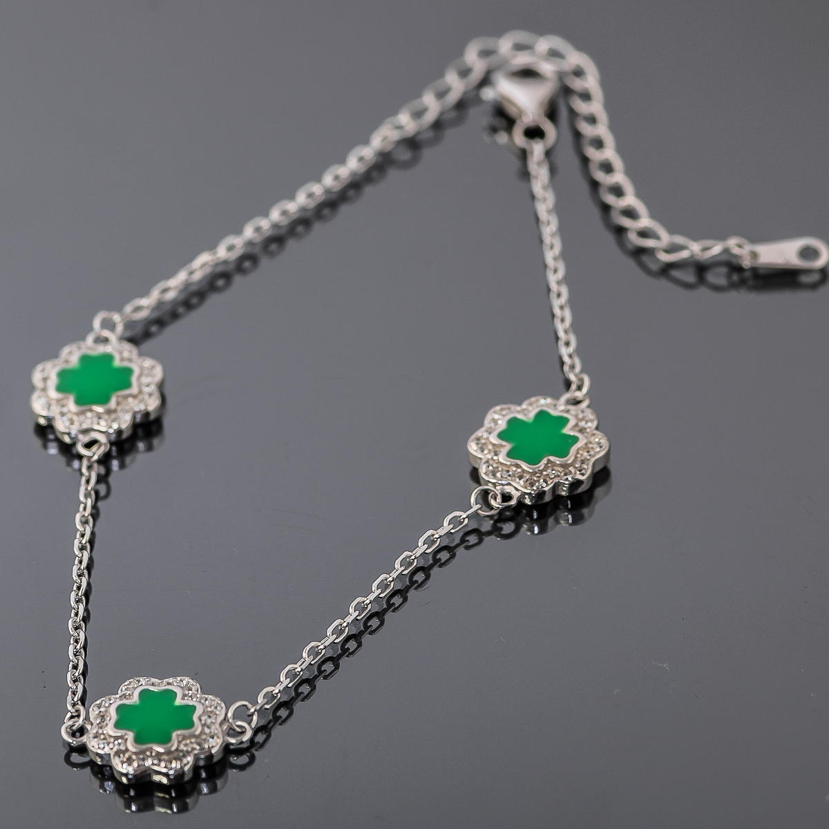 Sterling Silver, Cubic Zirconia, and Enamel Clover Bracelet