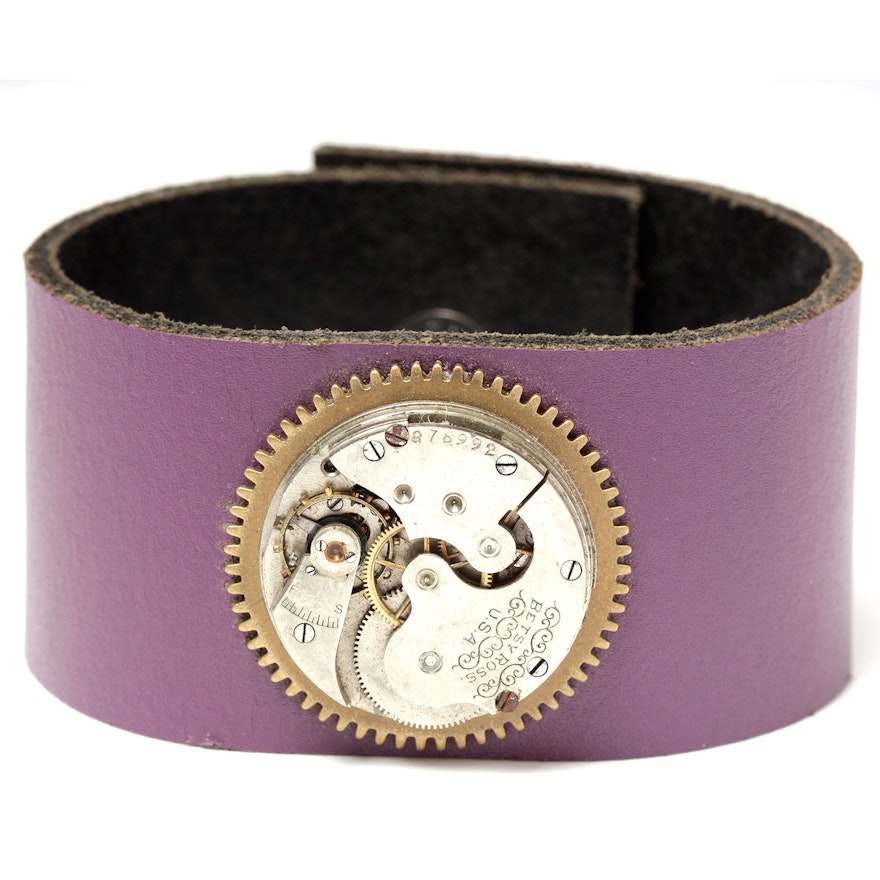 Steampunk Purple Leather Cuff Ladies Pocket Watch Movement