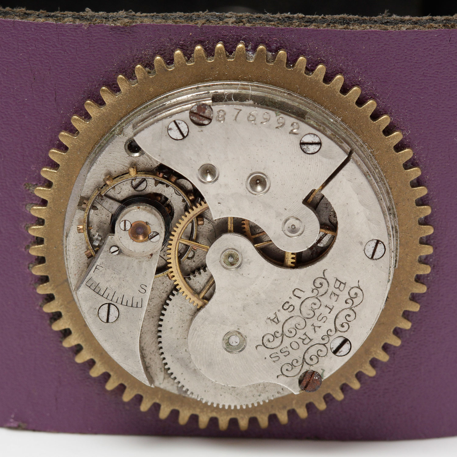 Steampunk Purple Leather Cuff Ladies Pocket Watch Movement