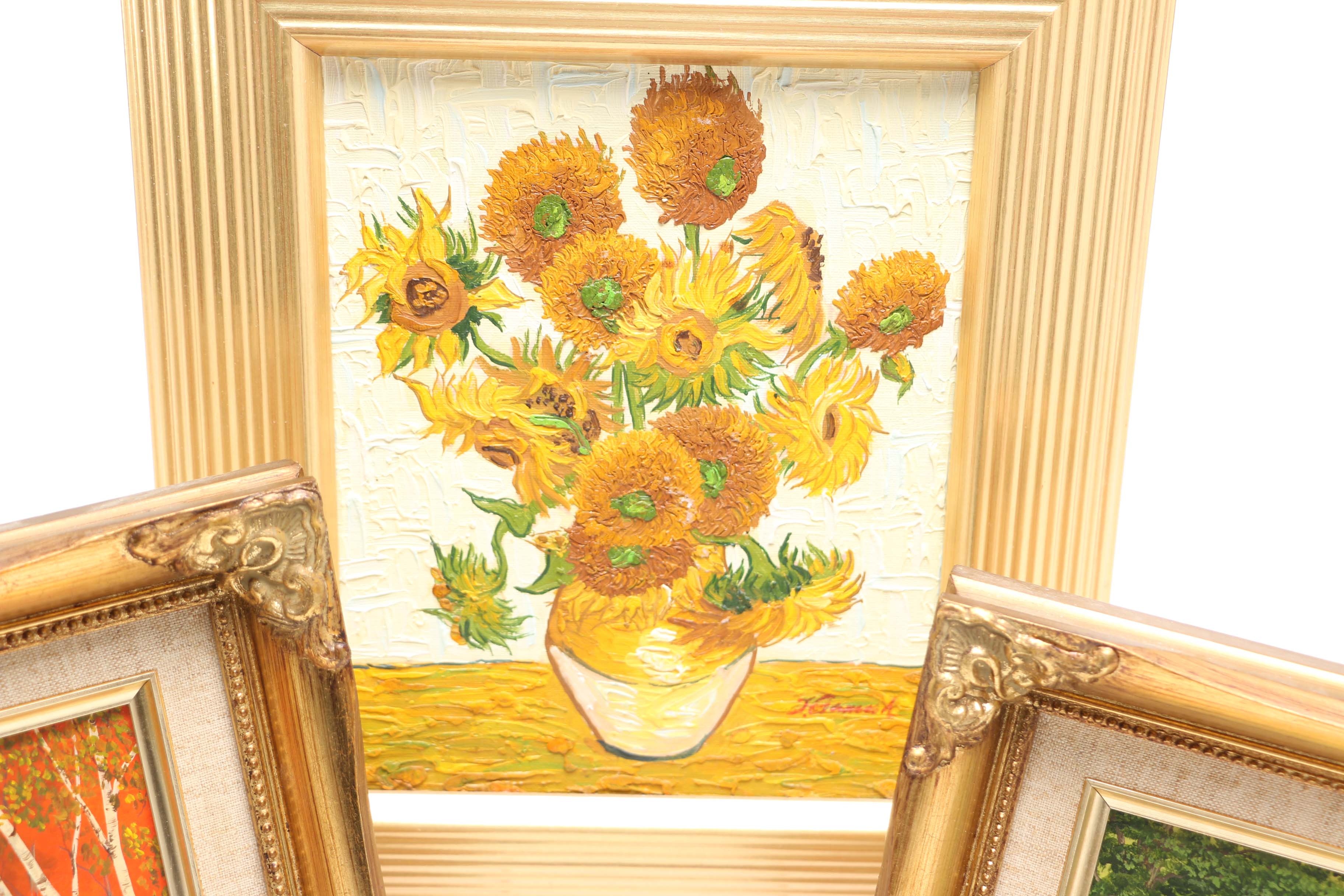 Two Original Landscape Paintings and a Van Gogh Reproduction