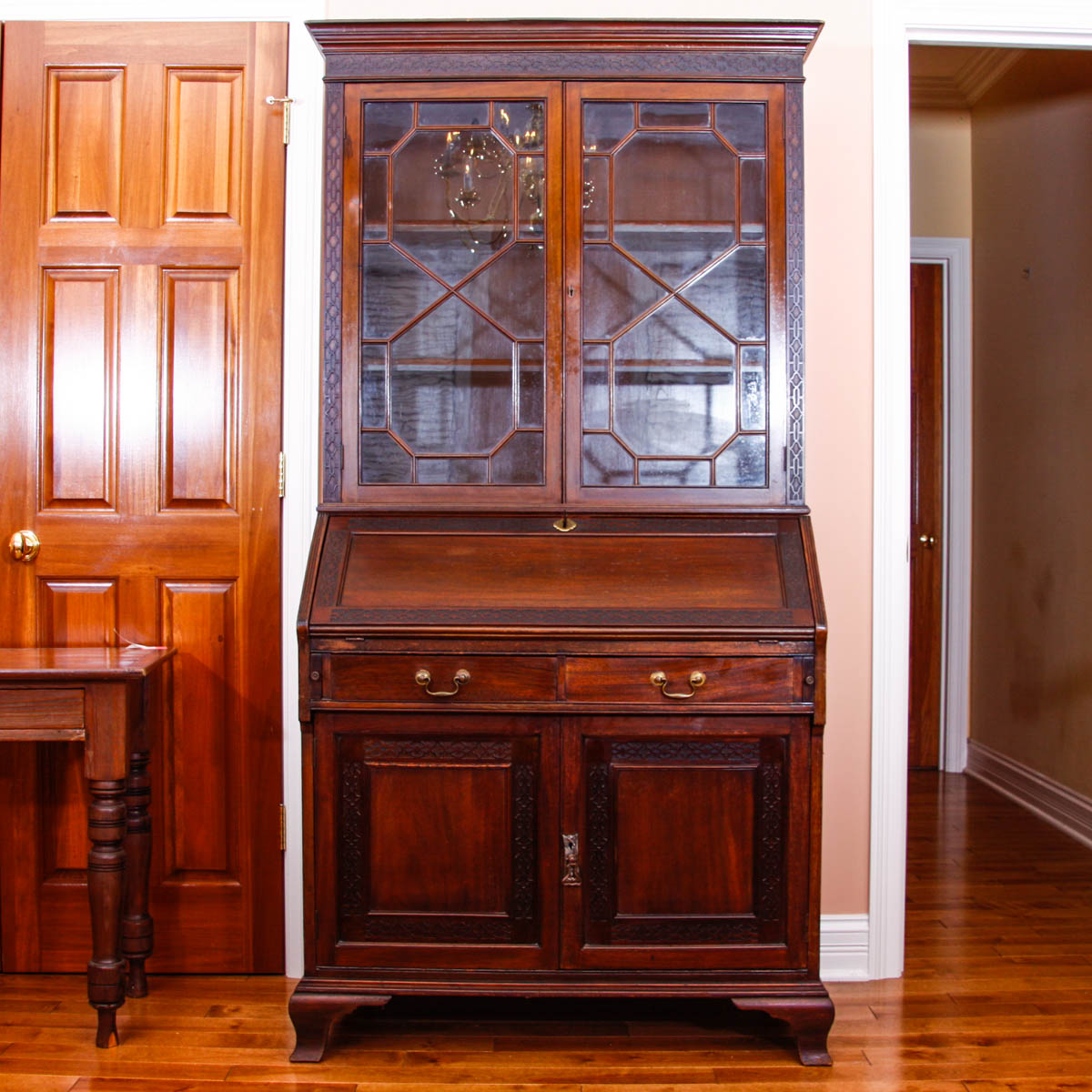 Chippendale Style Antique Secretary Desk with Glass Bookcase