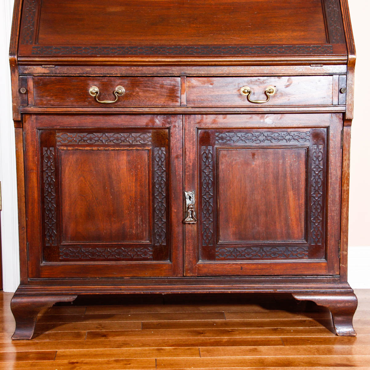 Chippendale Style Antique Secretary Desk with Glass Bookcase