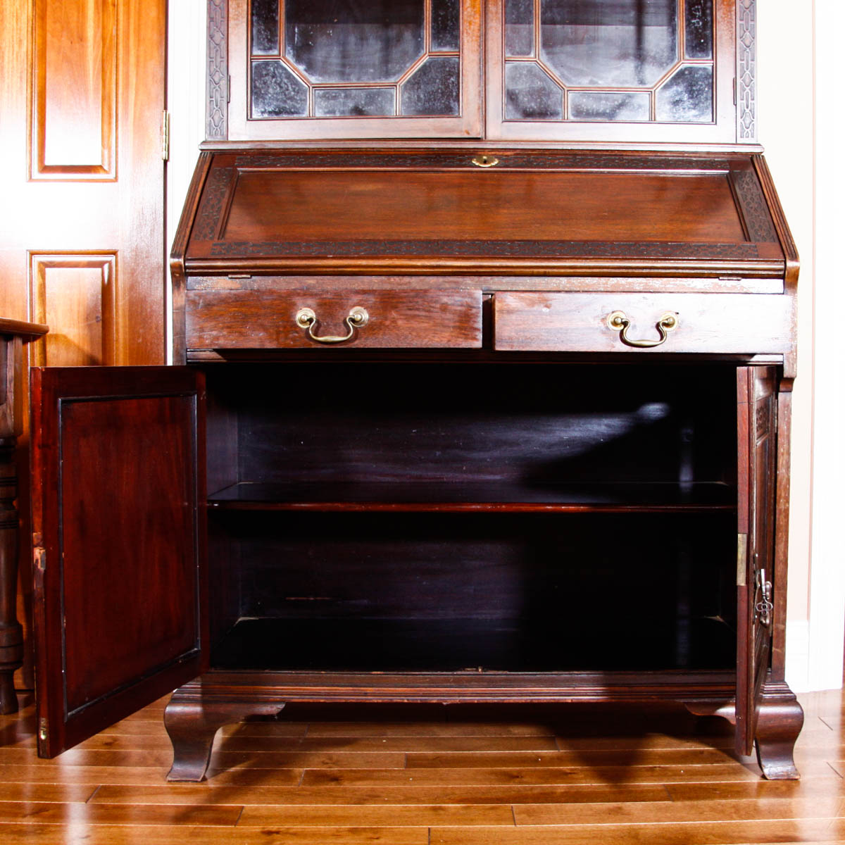 Chippendale Style Antique Secretary Desk with Glass Bookcase