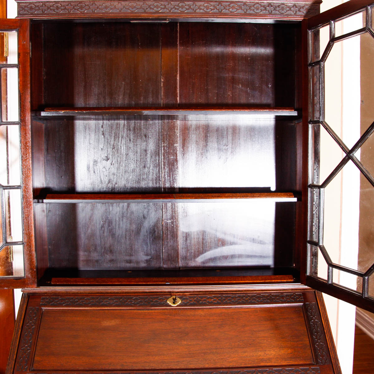 Chippendale Style Antique Secretary Desk with Glass Bookcase