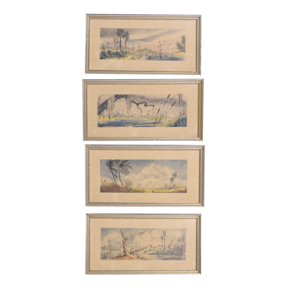 Four Vintage Watercolors of Wetlands by K. Strowger