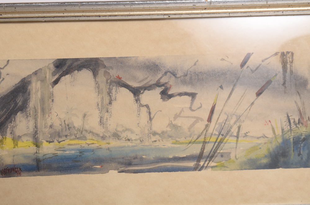 Four Vintage Watercolors of Wetlands by K. Strowger
