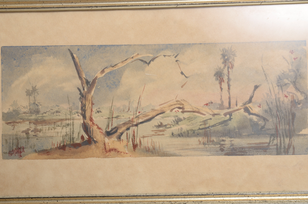 Four Vintage Watercolors of Wetlands by K. Strowger