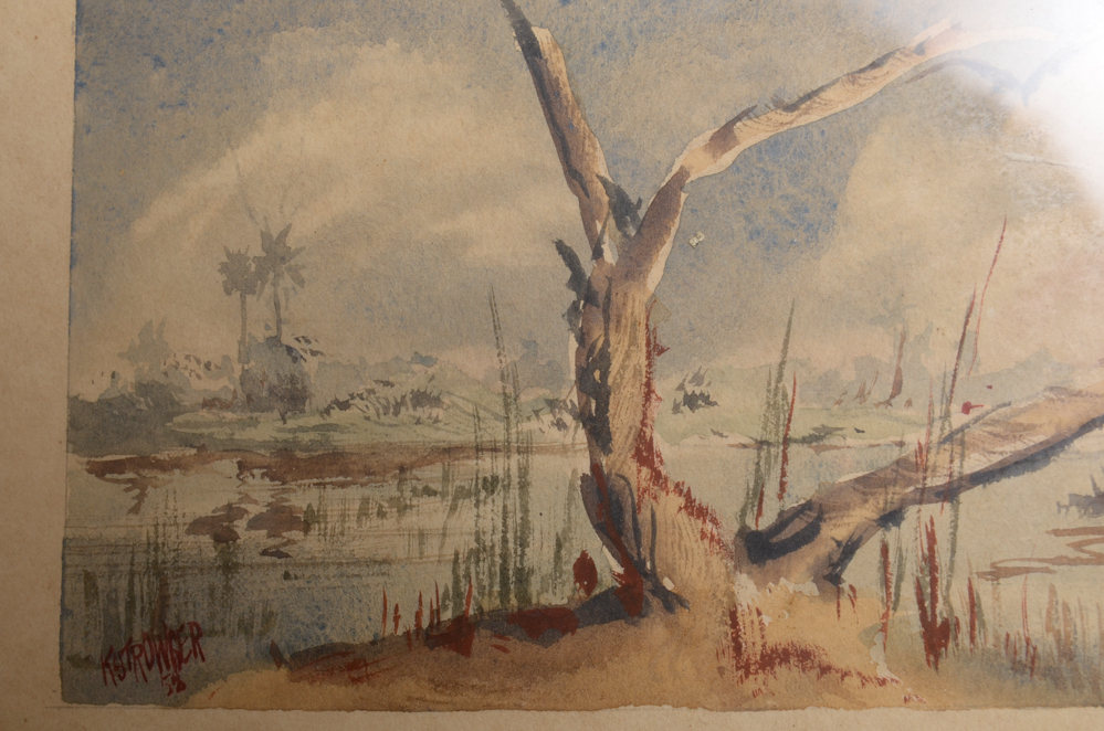 Four Vintage Watercolors of Wetlands by K. Strowger