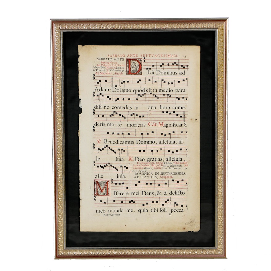 Framed 17th Century Gregorian Chant Sheet Music