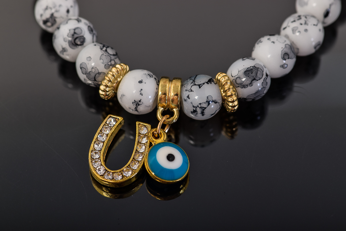 Oribicular Jasper Bead Bracelet with Evil Eye Charm