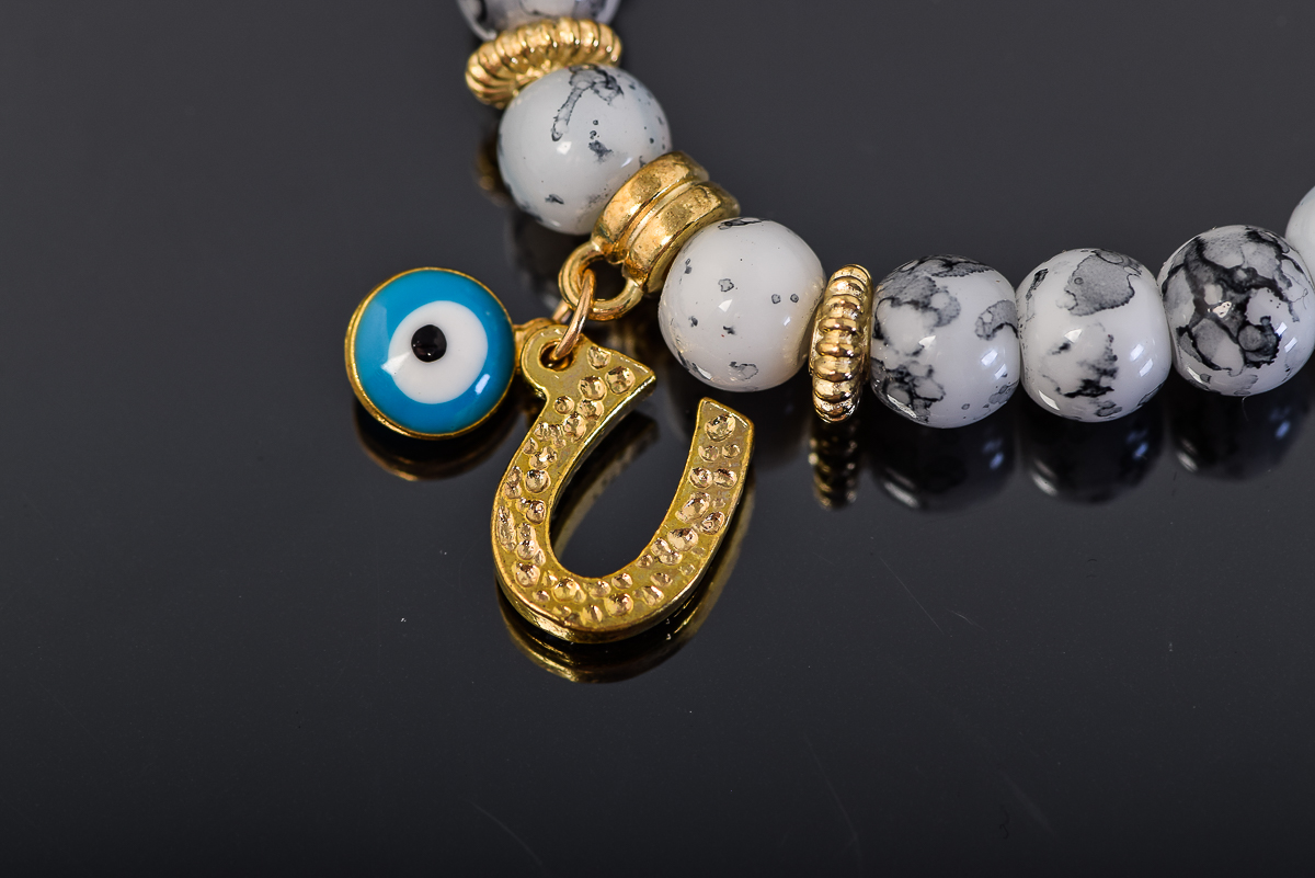 Oribicular Jasper Bead Bracelet with Evil Eye Charm