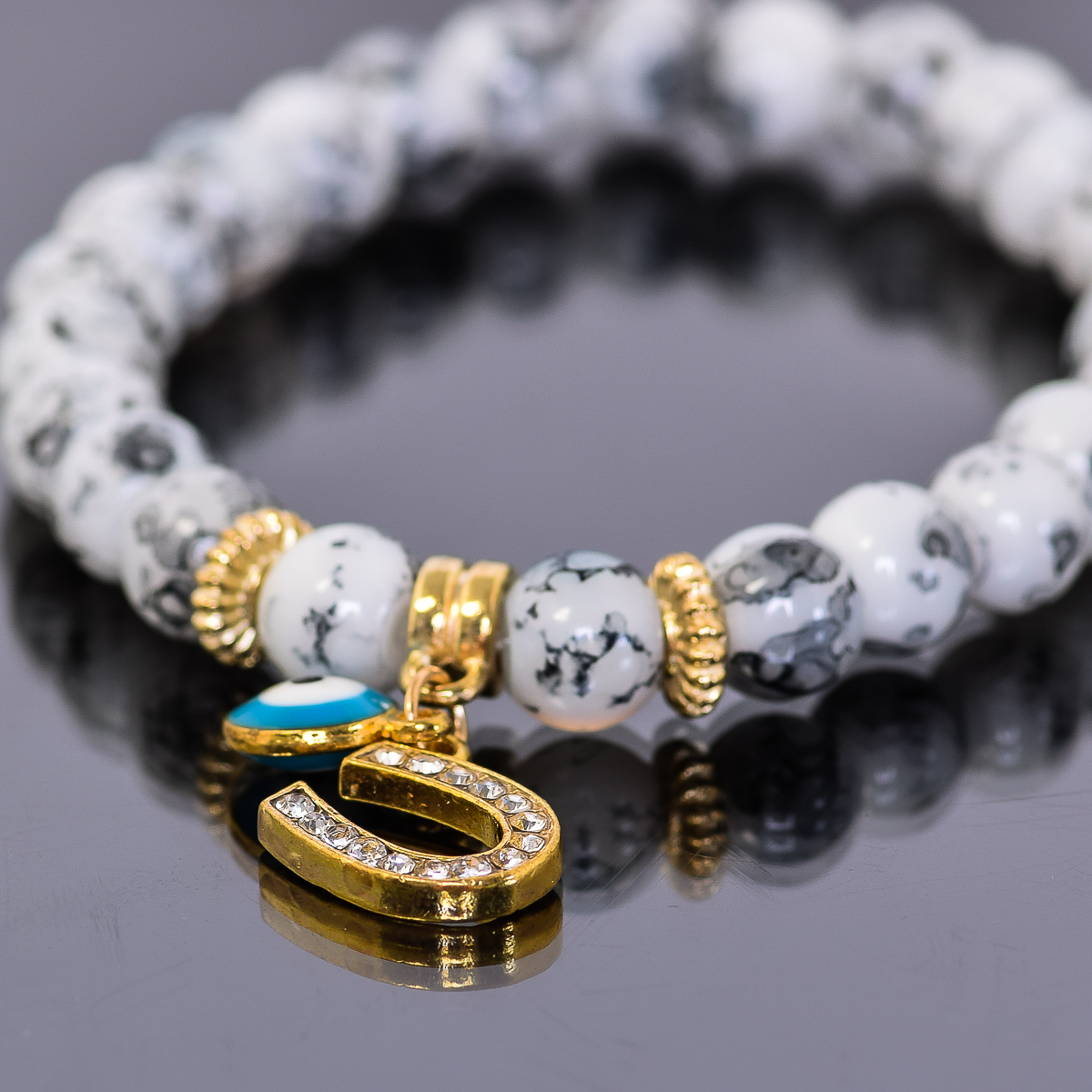 Oribicular Jasper Bead Bracelet with Evil Eye Charm