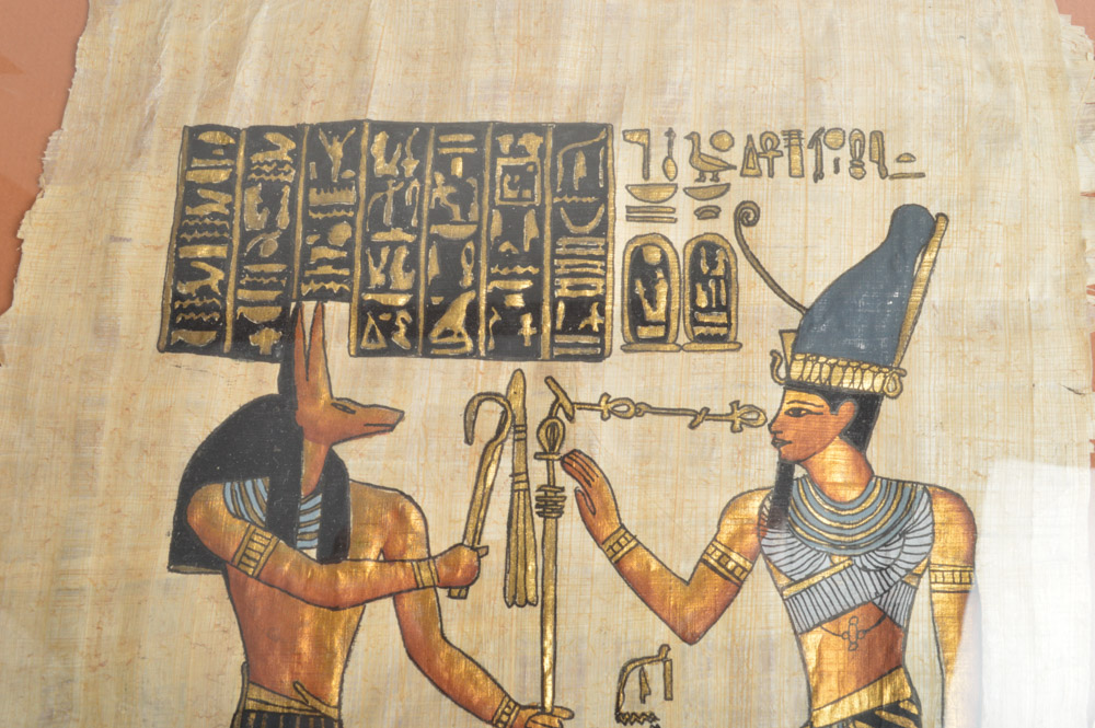 Ahmed Mostafa "Ramses II Facing God Anubis" Original Painting on Papyrus
